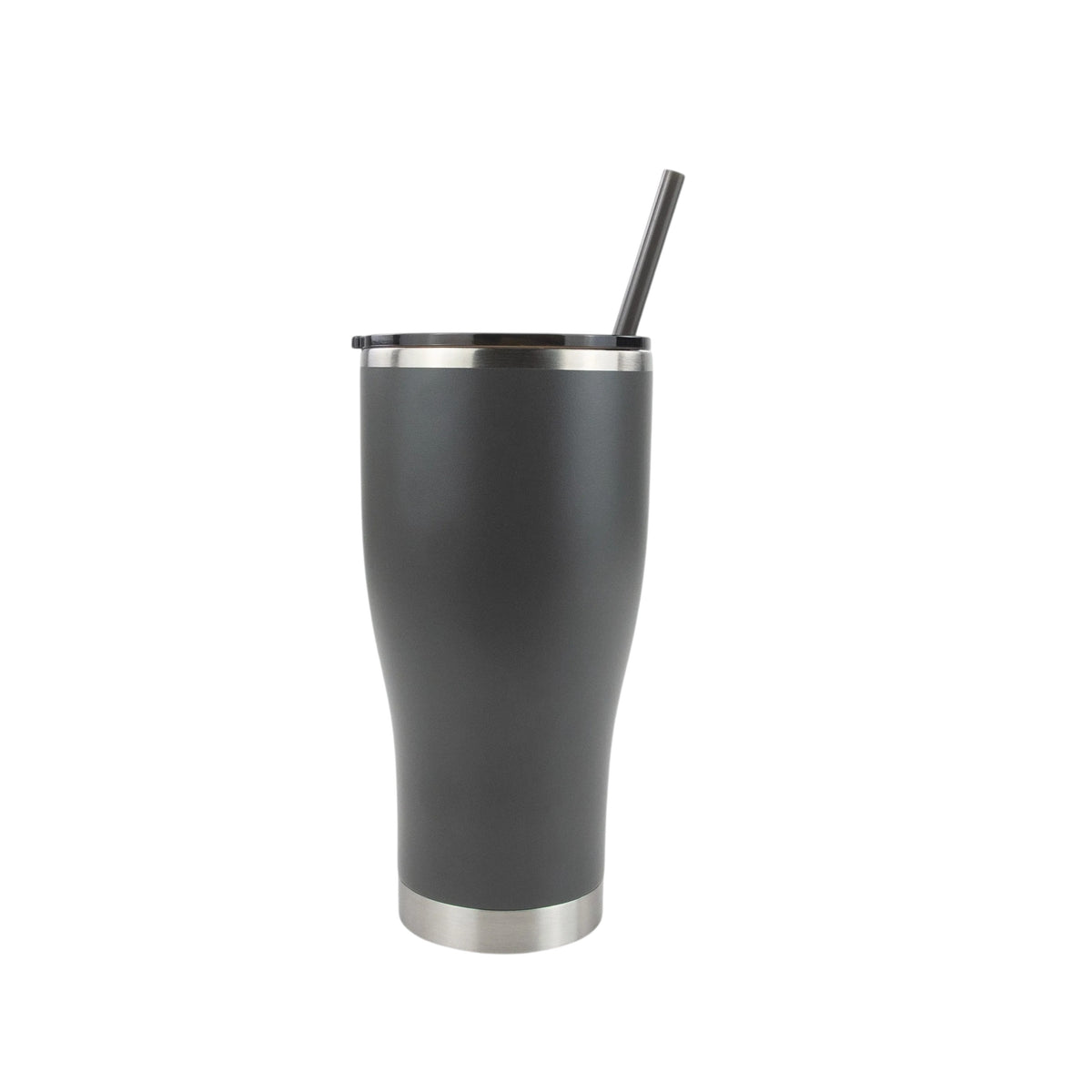 Roco Engraving 30oz charcoal gray modern curve tumbler with a matching straw and lid on a white background.