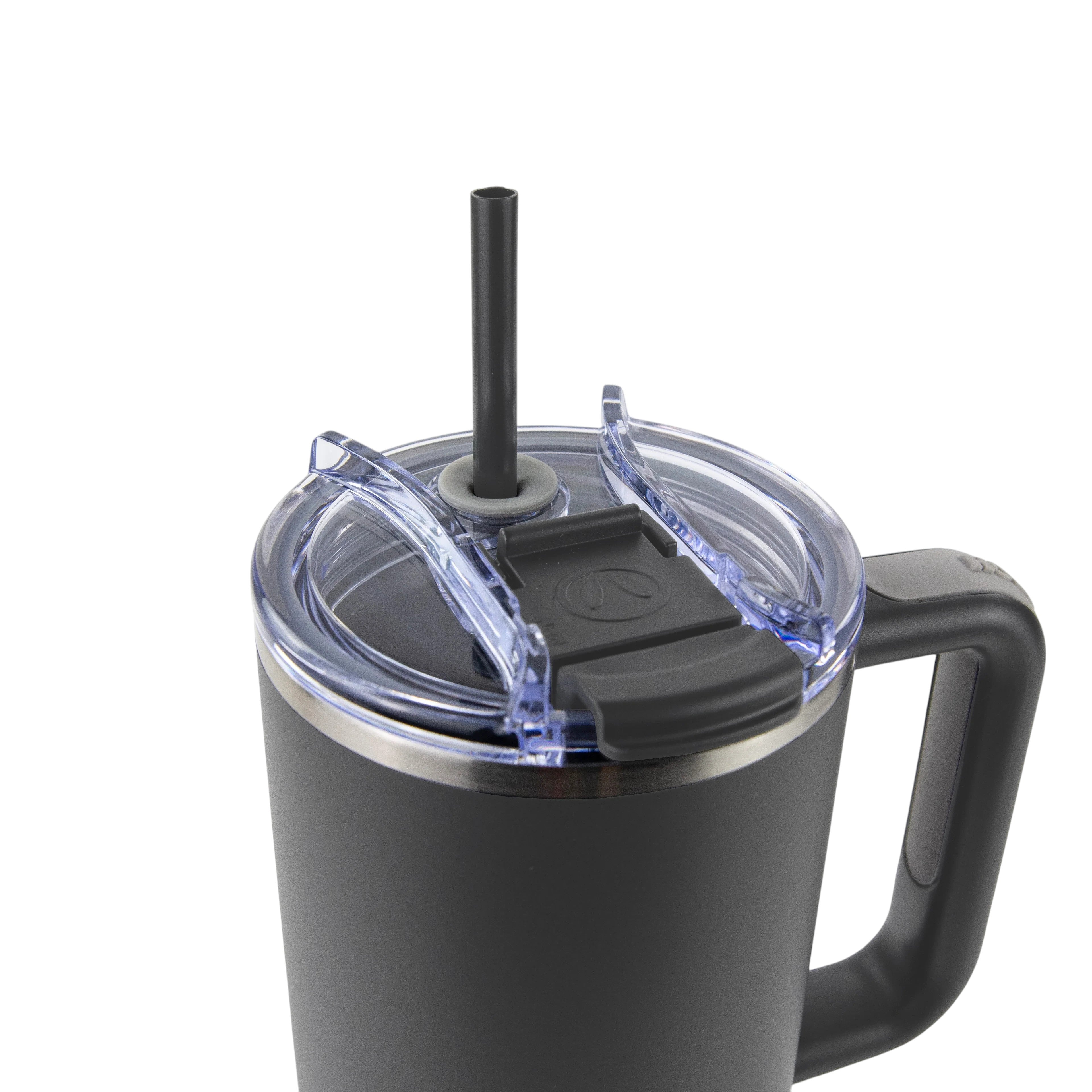 Roco Engraving 40oz Big Swig Tumbler in charcoal gray with a clear lid, black straw, and ergonomic handle.