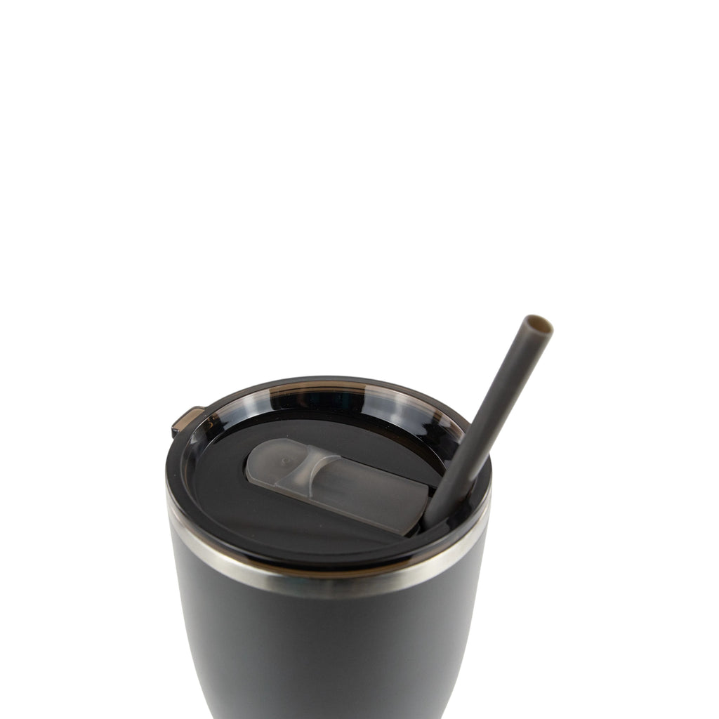 Roco Engraving 30oz charcoal gray modern curve tumbler with a black lid and matching straw, top view.
