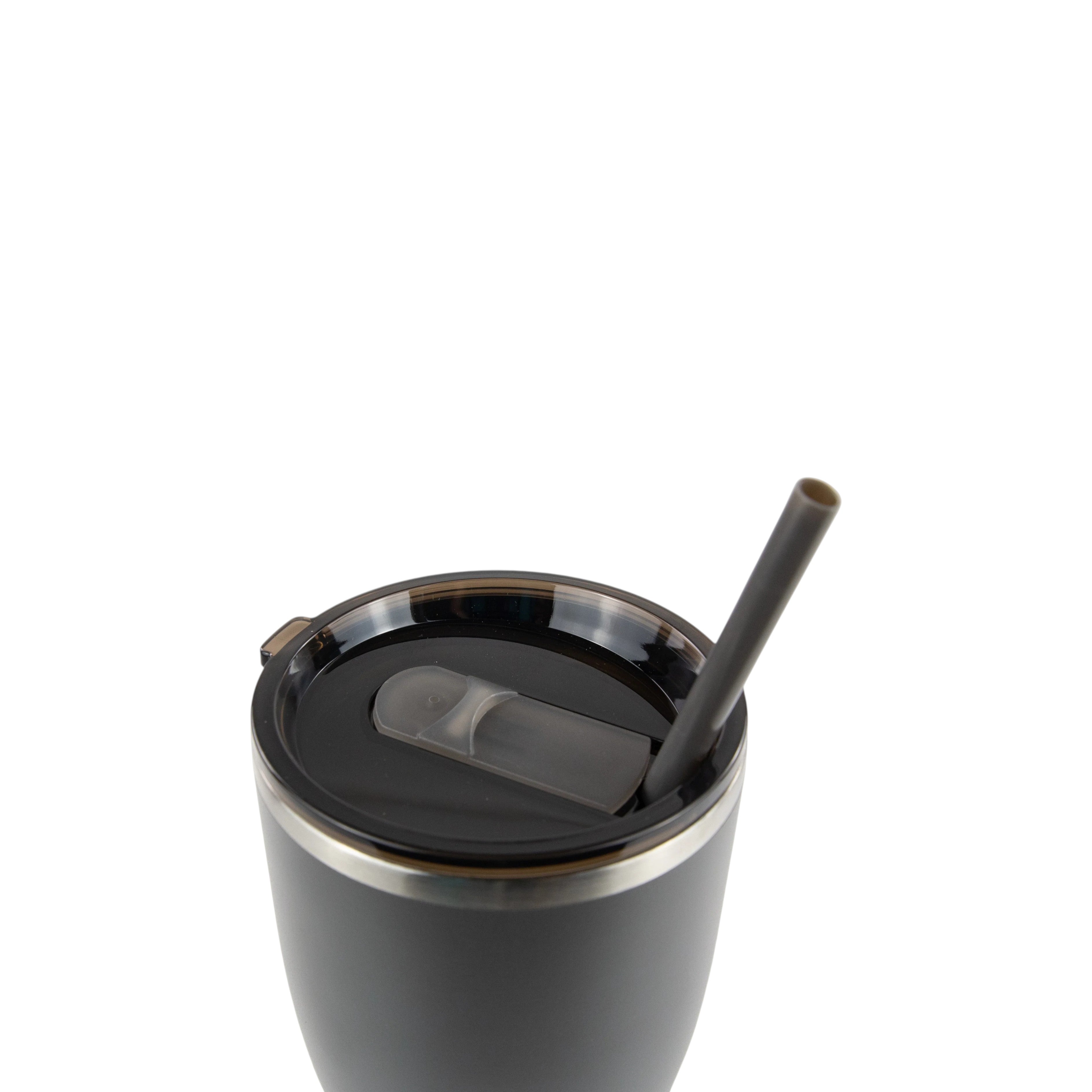 Roco Engraving 30oz charcoal gray modern curve tumbler with a black lid and matching straw, top view.