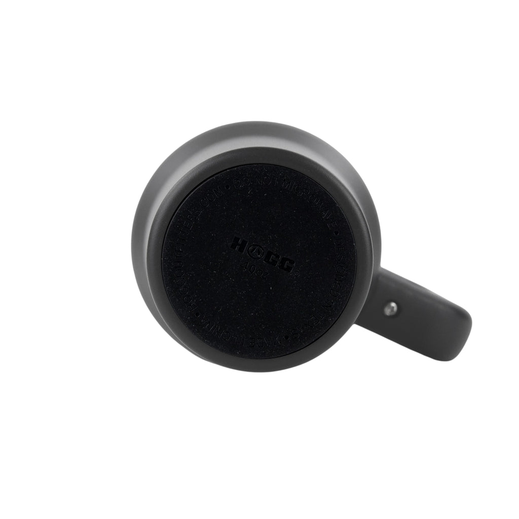Bottom view of a charcoal gray Roco Engraving 40oz Big Swig tumbler showing the HOGG brand base and handle