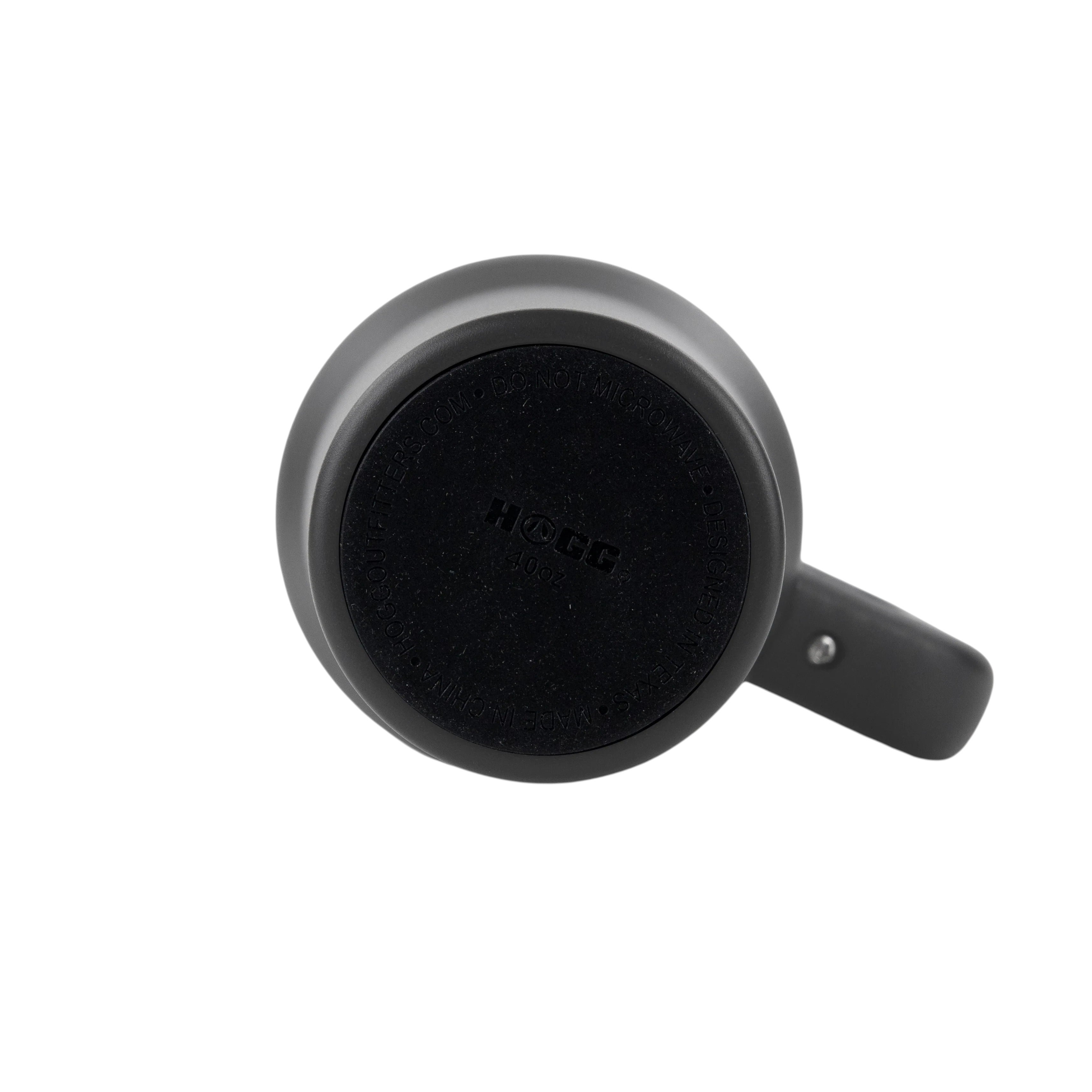Bottom view of a charcoal gray Roco Engraving 40oz Big Swig tumbler showing the HOGG brand base and handle