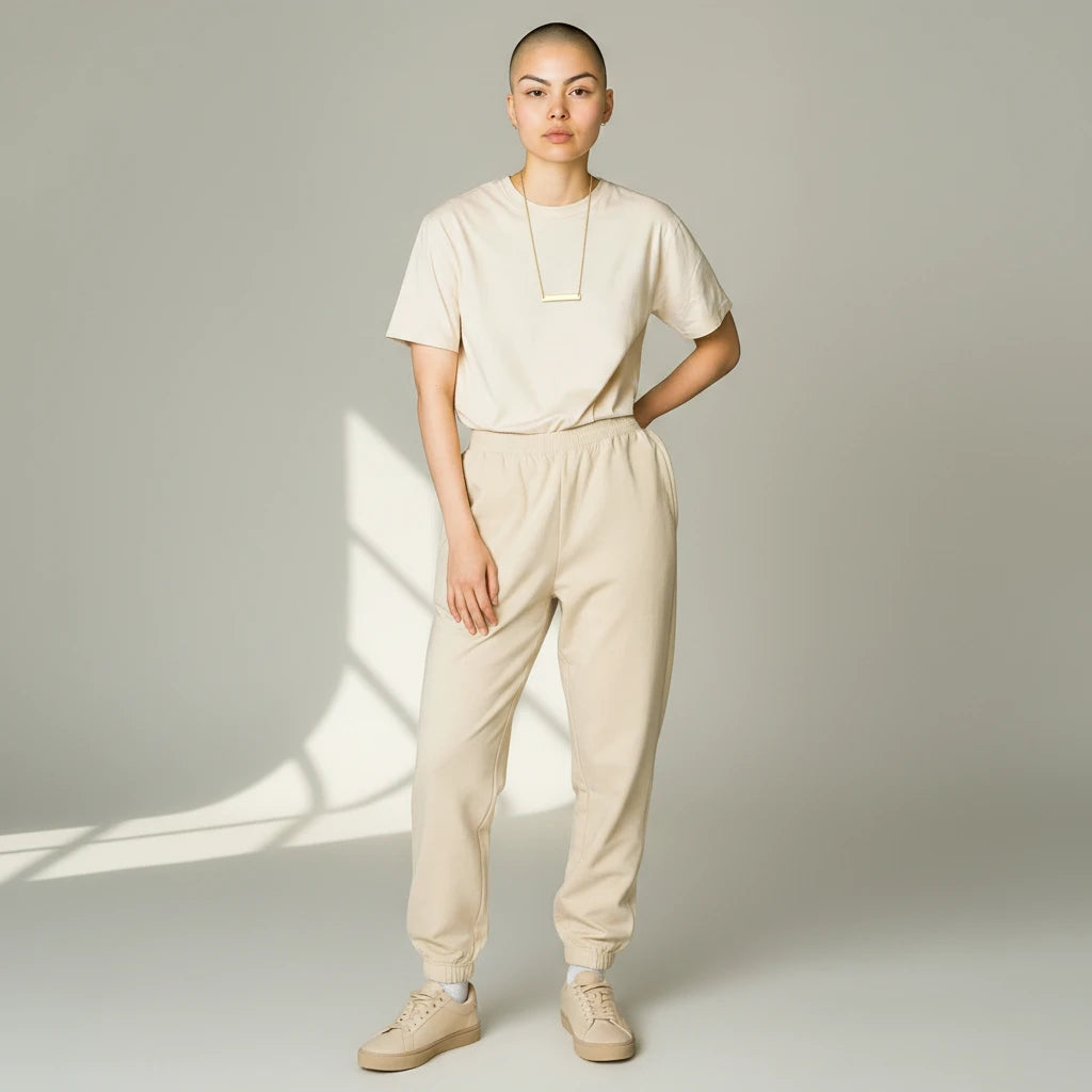 Model wearing a gold Roco Engraving custom bar necklace with a minimalist beige t-shirt and matching joggers.