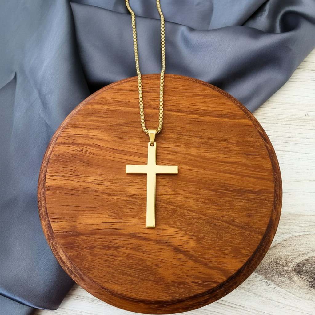 Roco Engraving gold stainless steel cross pendant necklace with a polished finish on a wooden display stand