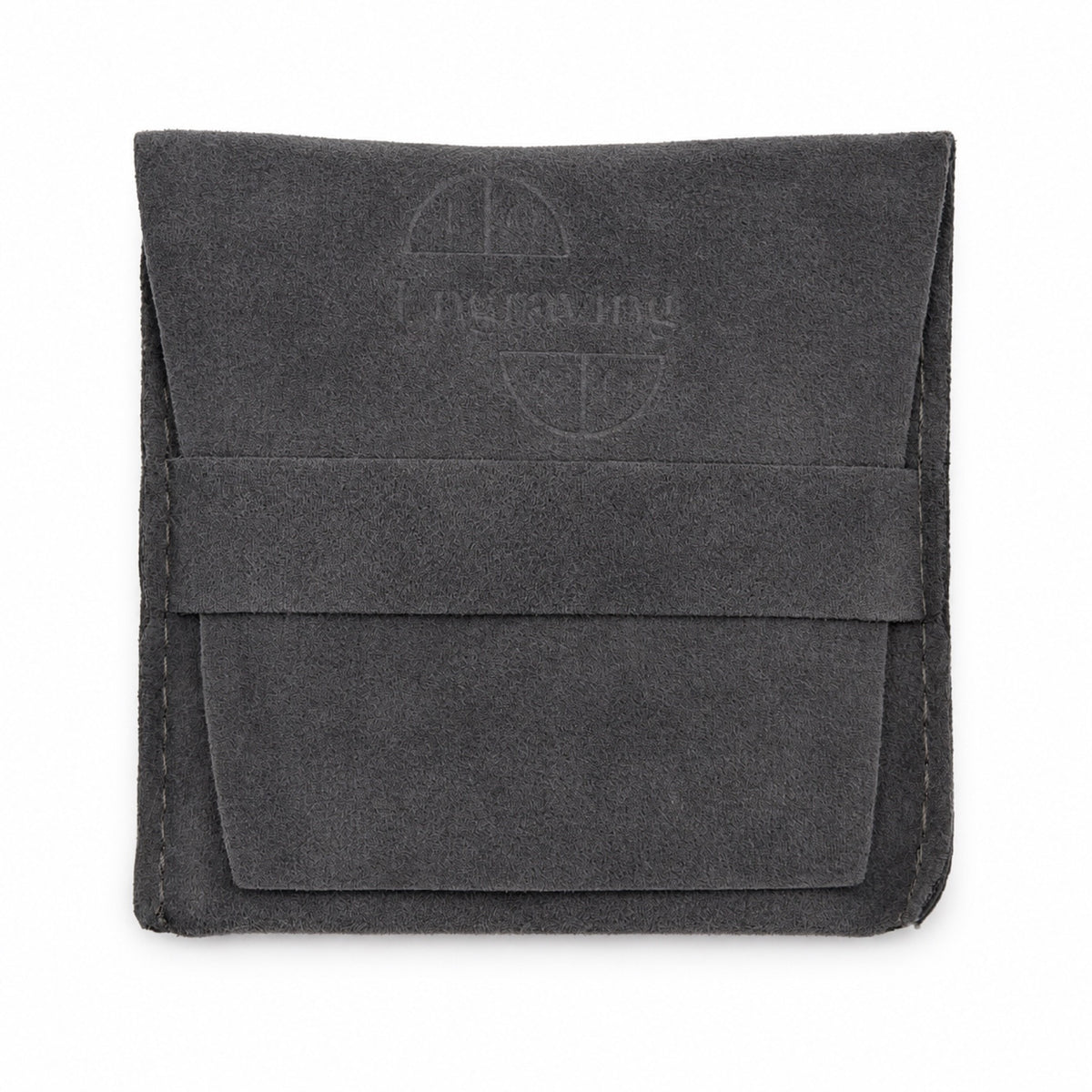 Roco Engraving branded grey suede jewelry pouch for storing personalized necklaces.