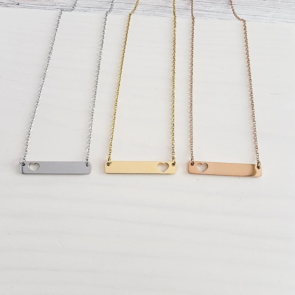 Roco Engraving custom heart bar necklaces in silver, gold, and rose gold stainless steel with mirror finish