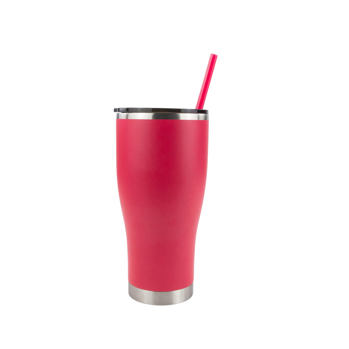 Roco Engraving 30oz hot pink modern curve tumbler with a matching straw and black lid against a white background
