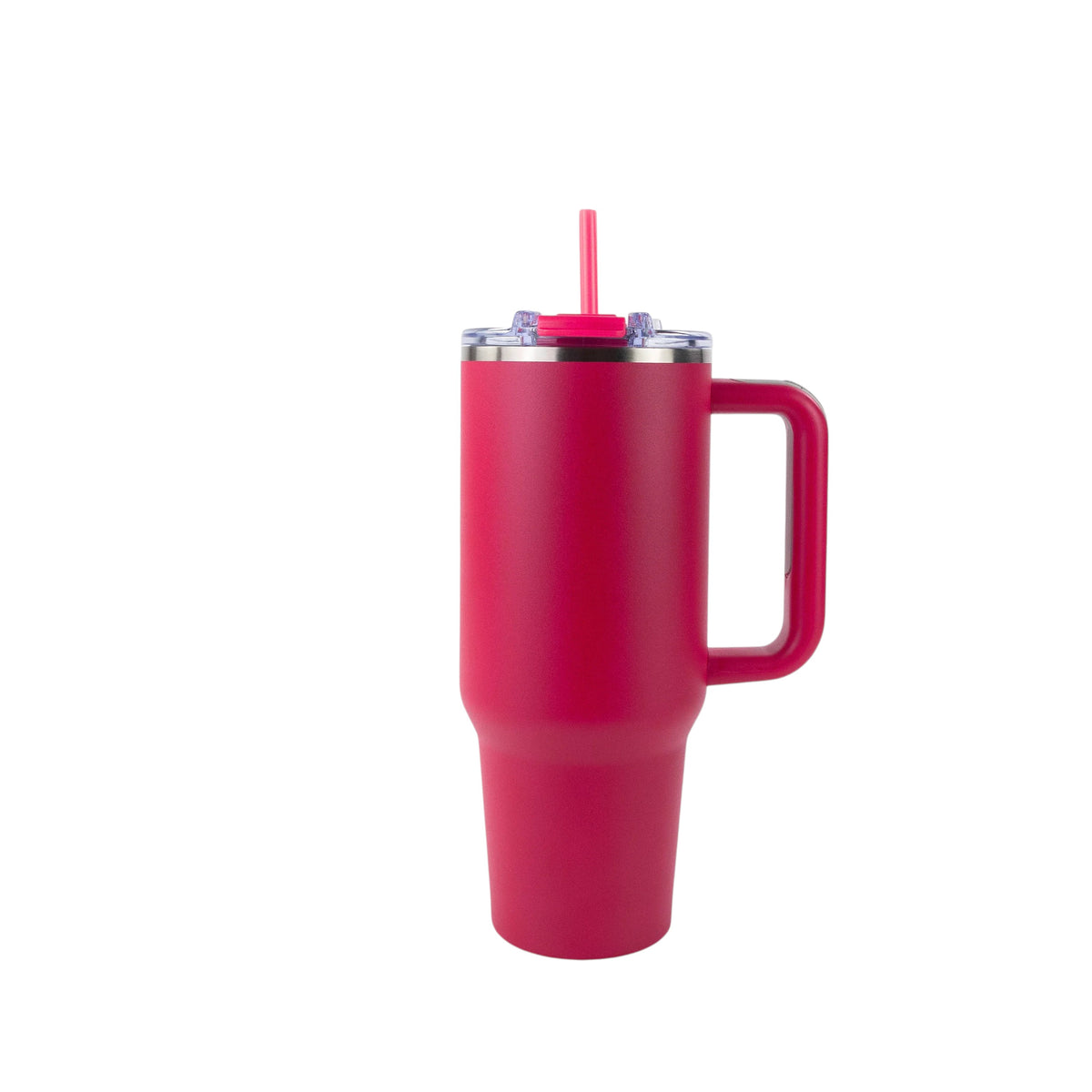 Roco Engraving 40oz Big Swig Tumbler in hot pink with a matching straw and handle, isolated on a white background.