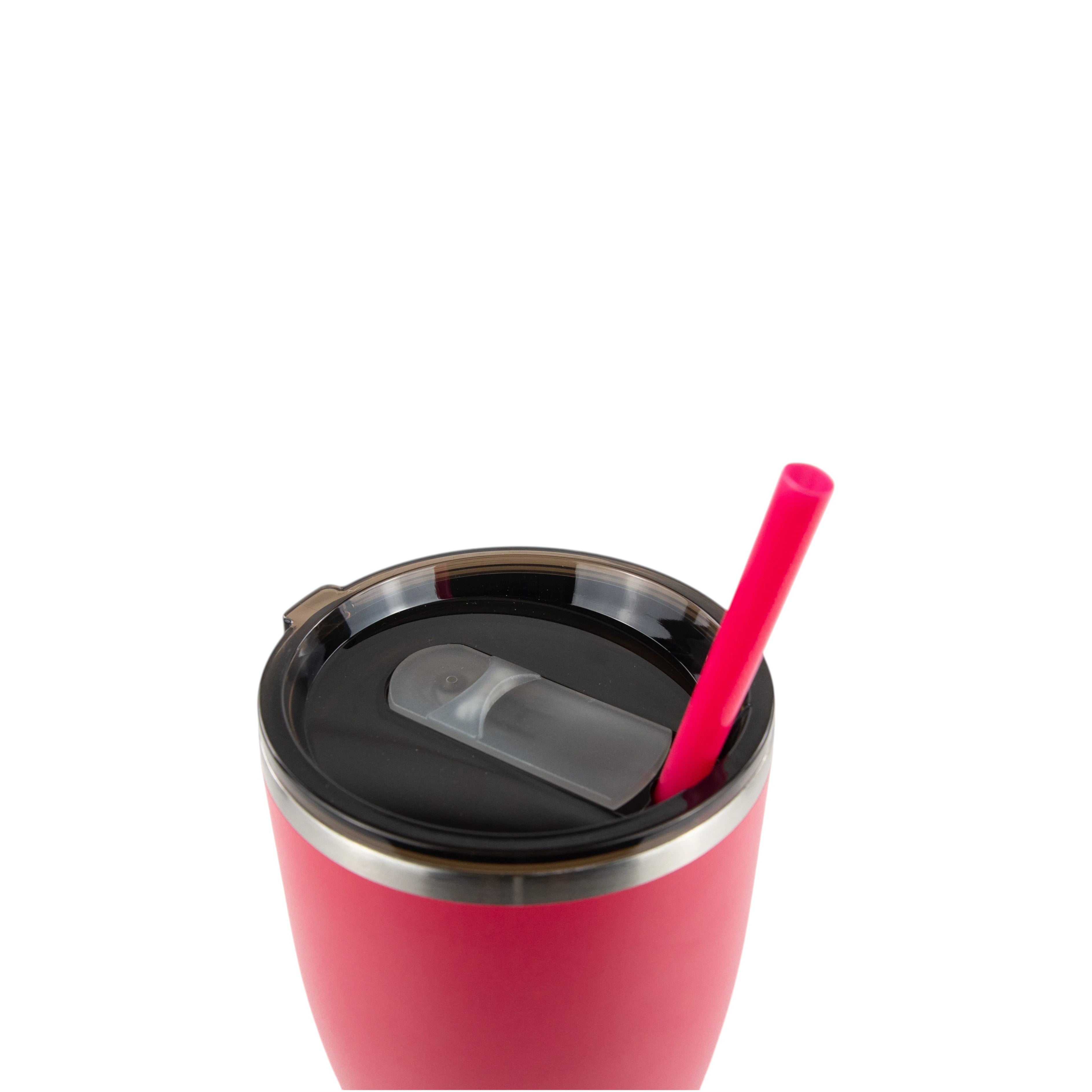 Roco Engraving 30oz hot pink modern curve tumbler with a black lid and matching pink straw, top-down view.
