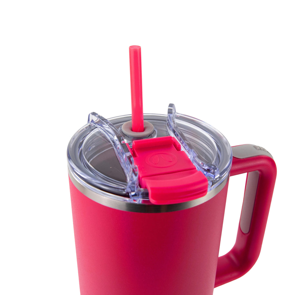 Roco Engraving 40oz Big Swig Tumbler in hot pink with a clear lid, matching straw, and ergonomic handle