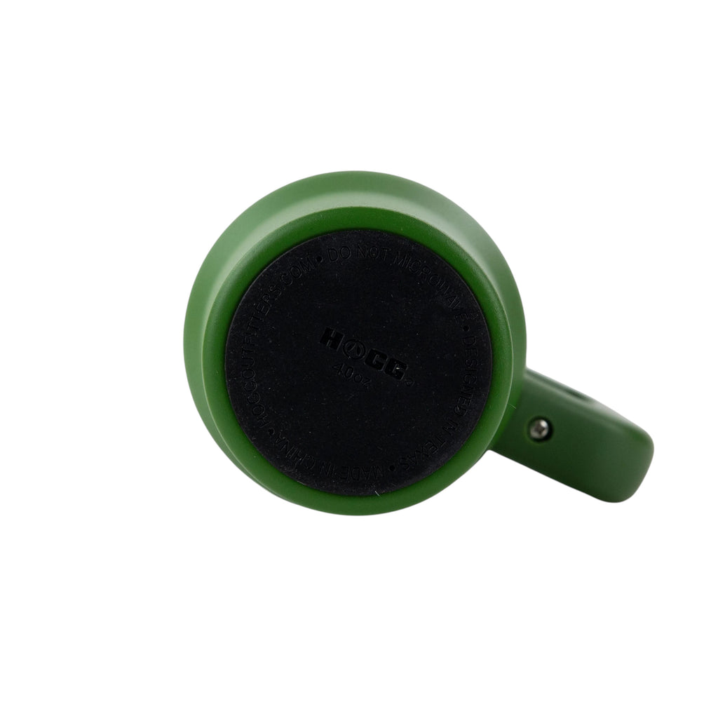 Bottom view of a hunter green Roco Engraving 40oz Big Swig Tumbler showing the black base and handle