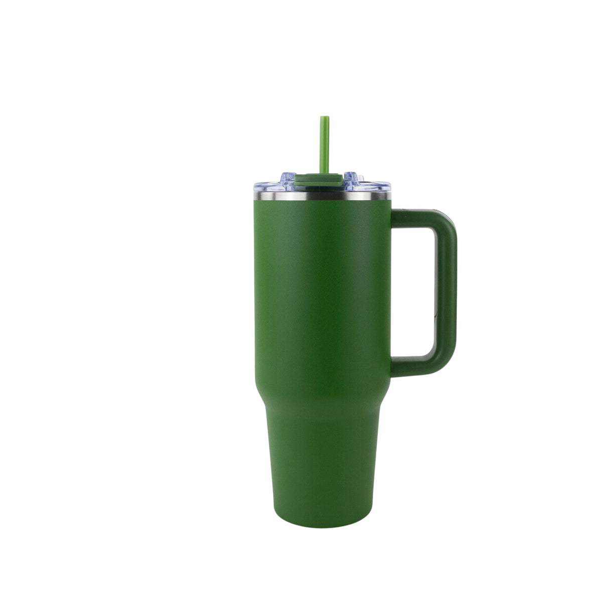 Roco Engraving 40oz hunter green Big Swig tumbler with a handle, clear lid, and matching straw on a white background.