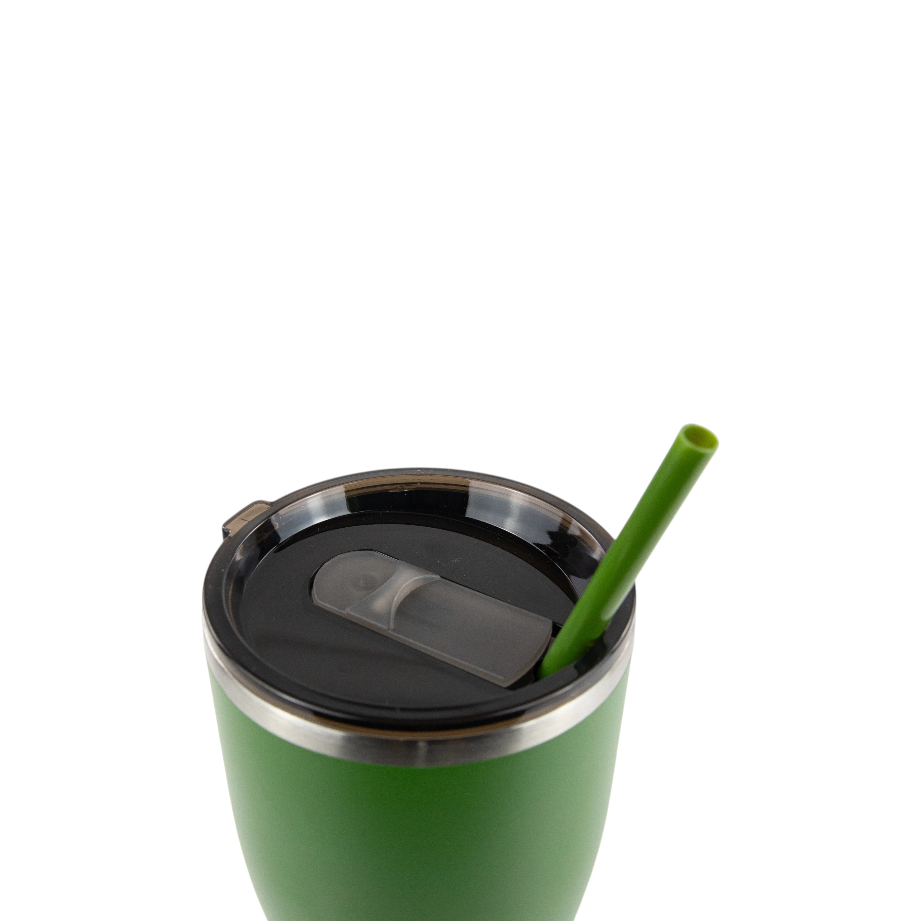 Roco Engraving 30oz hunter green modern curve tumbler with a black lid and matching green straw