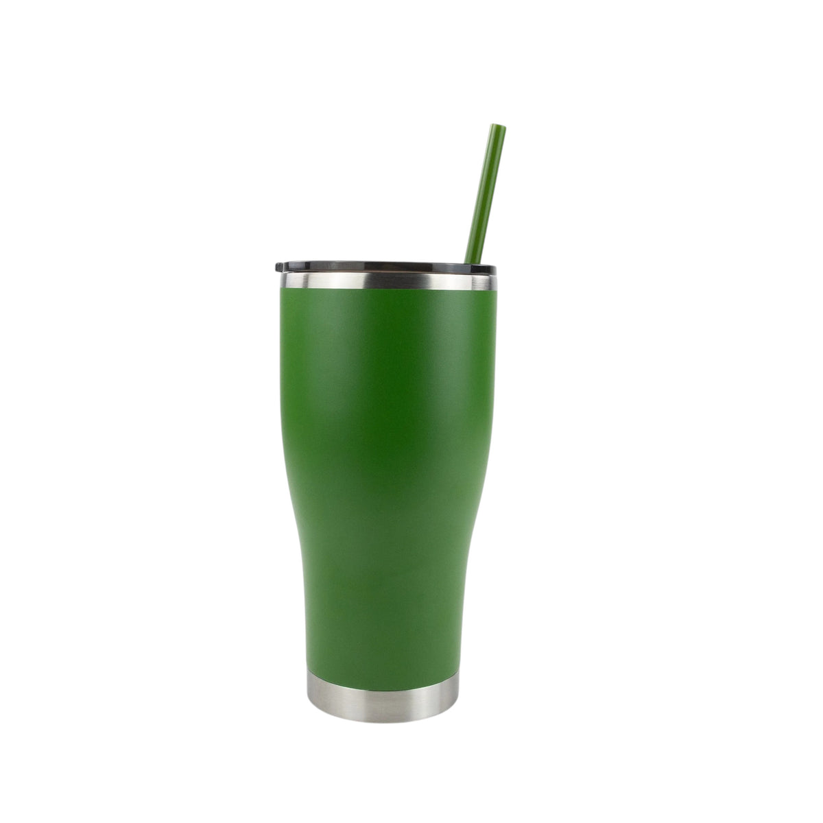 Hunter green 30oz Roco Engraving modern curve tumbler with a matching straw and stainless steel base
