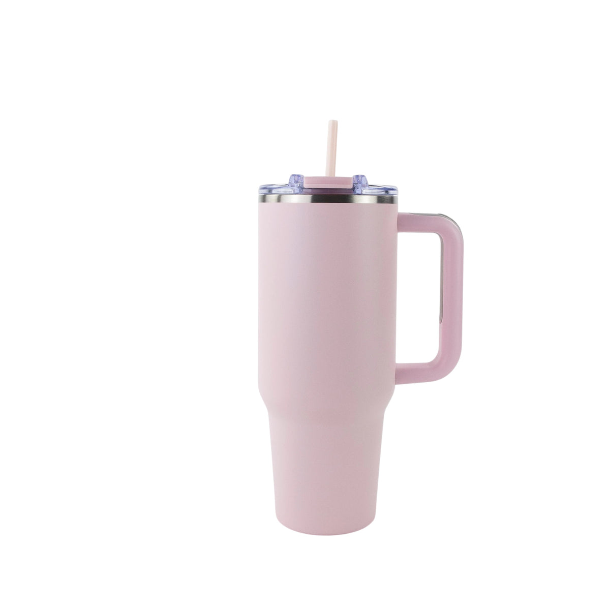 Roco Engraving light pink 40oz Big Swig tumbler with a handle, clear lid, and matching straw on a white background.