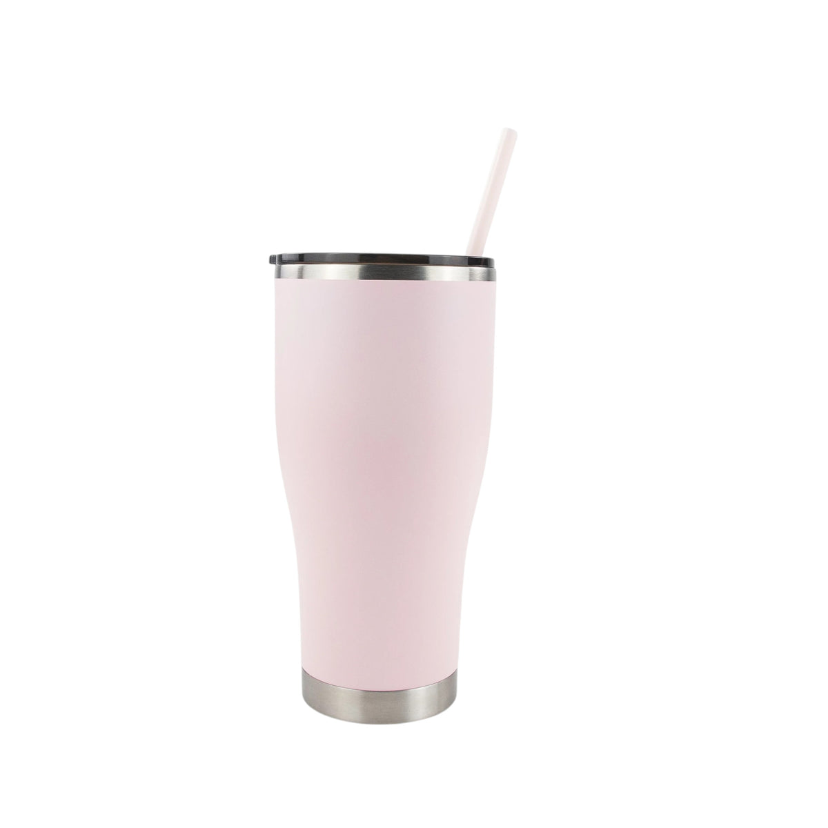 Roco Engraving 30oz light pink modern curve tumbler with a matching straw and black lid on a white background