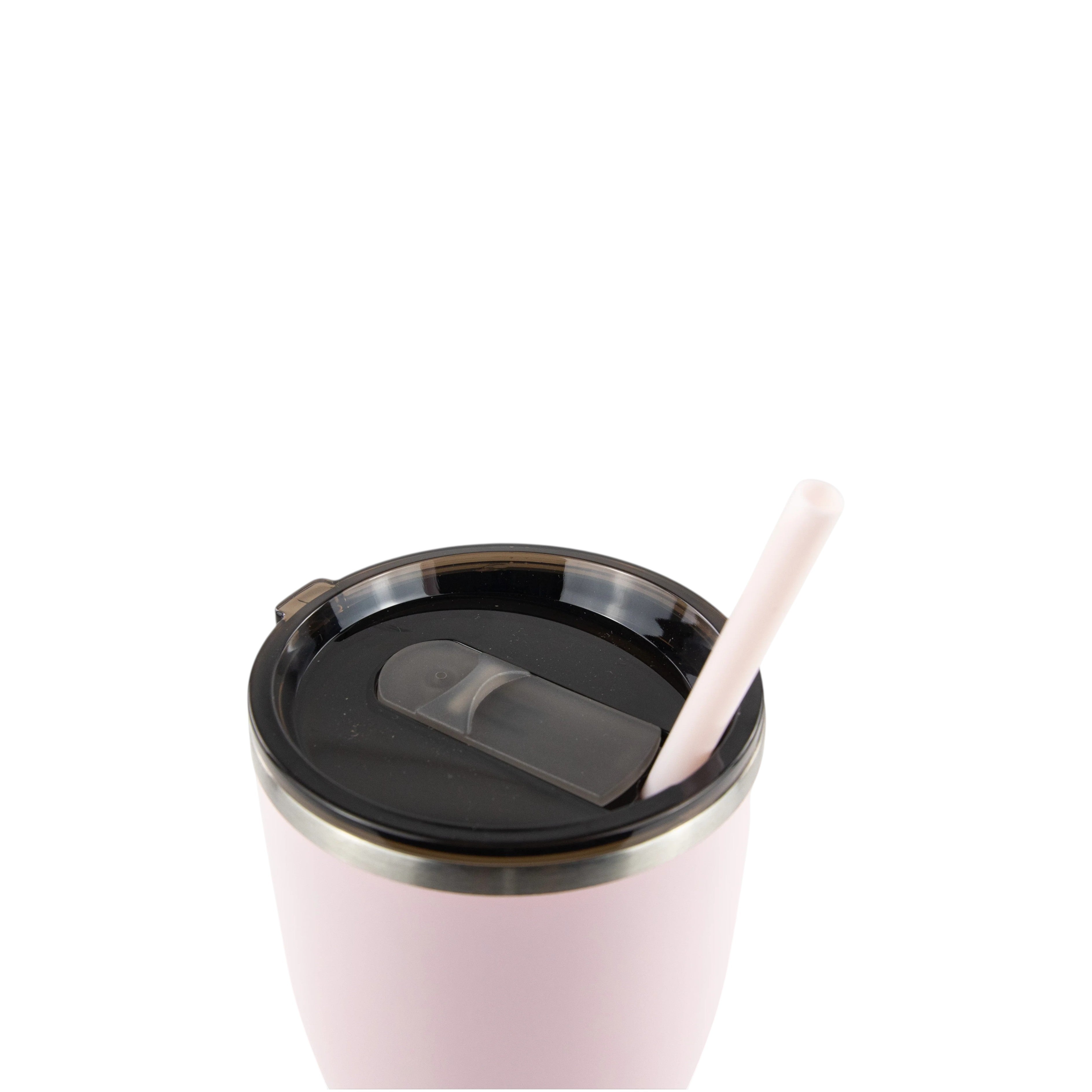 Roco Engraving light pink 30oz modern curve tumbler with a black lid and matching straw, top view