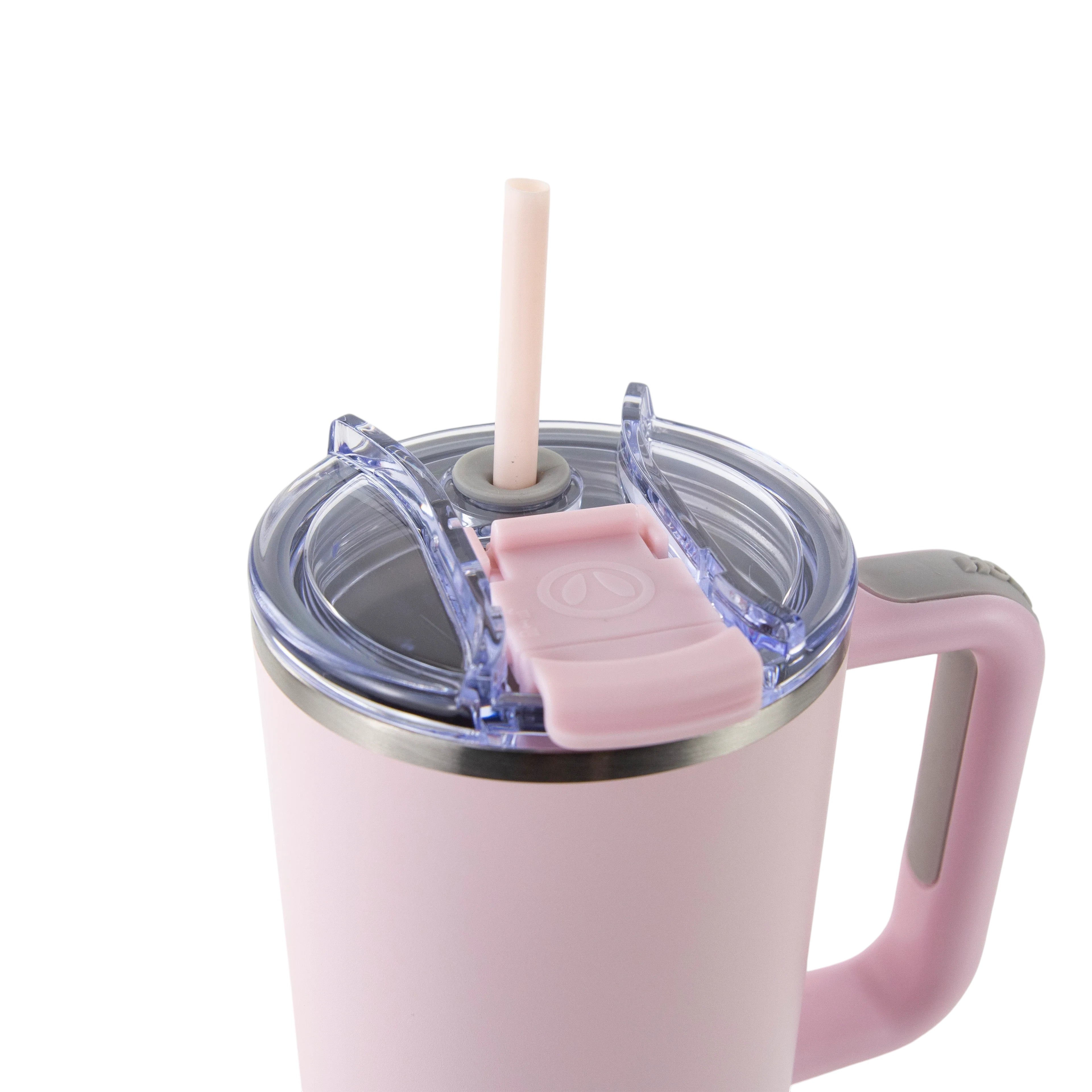 Roco Engraving 40oz Big Swig Tumbler in light pink with a matching straw and clear lid, isolated on white background.