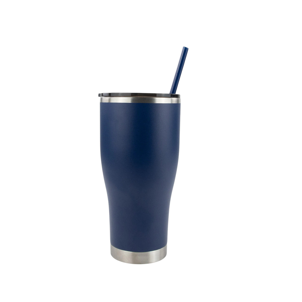 Roco Engraving 30oz navy blue modern curve stainless steel tumbler with matching straw and lid on white background