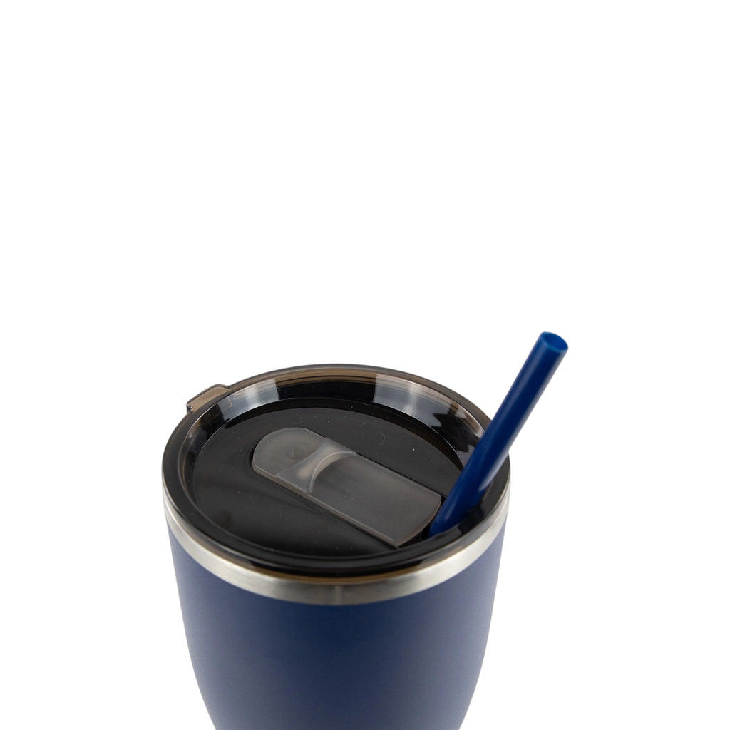 Roco Engraving 30oz navy blue modern curve tumbler with a black lid and matching straw, viewed from above.