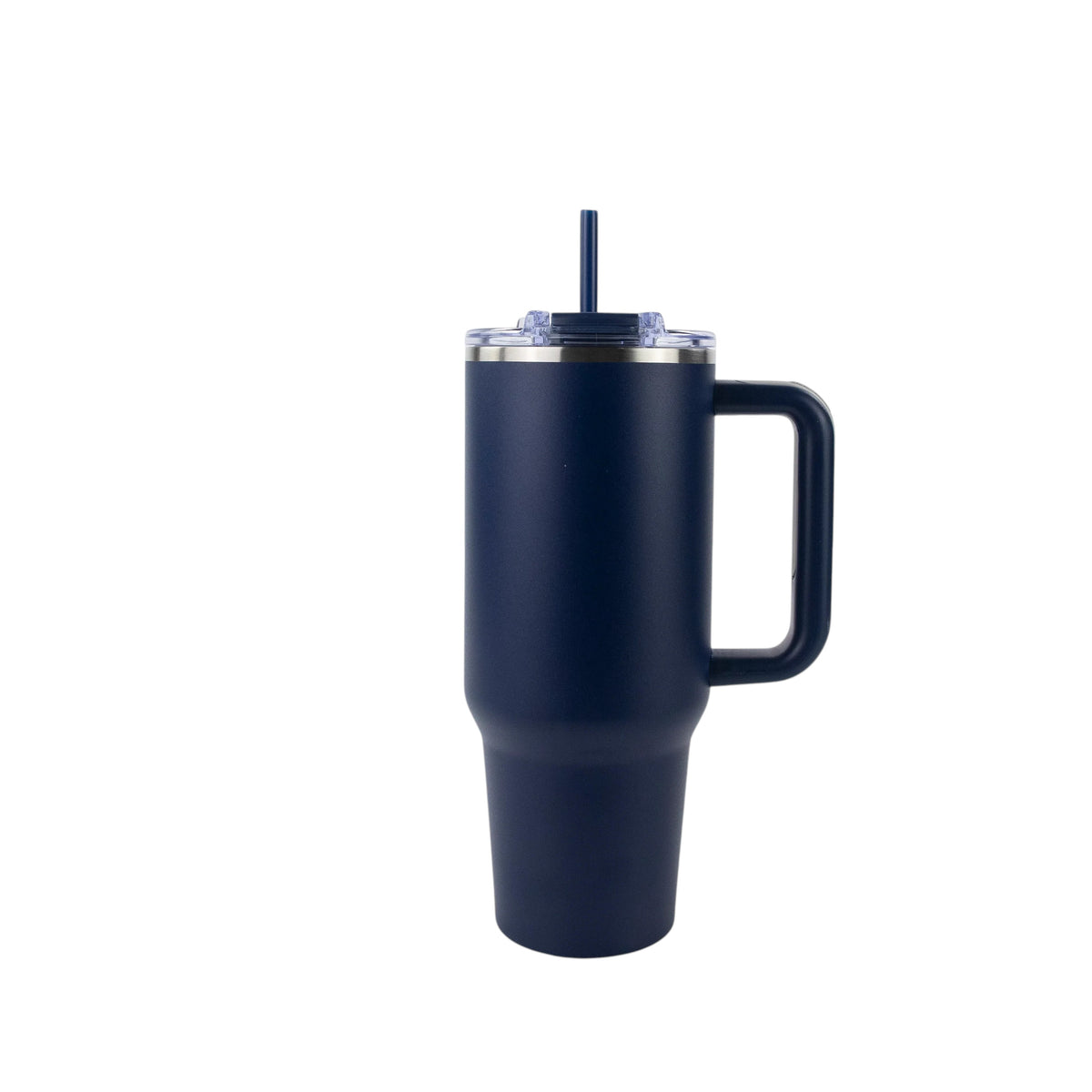 Roco Engraving 40oz navy blue Big Swig tumbler with a handle, clear lid, and straw for custom laser engraving.