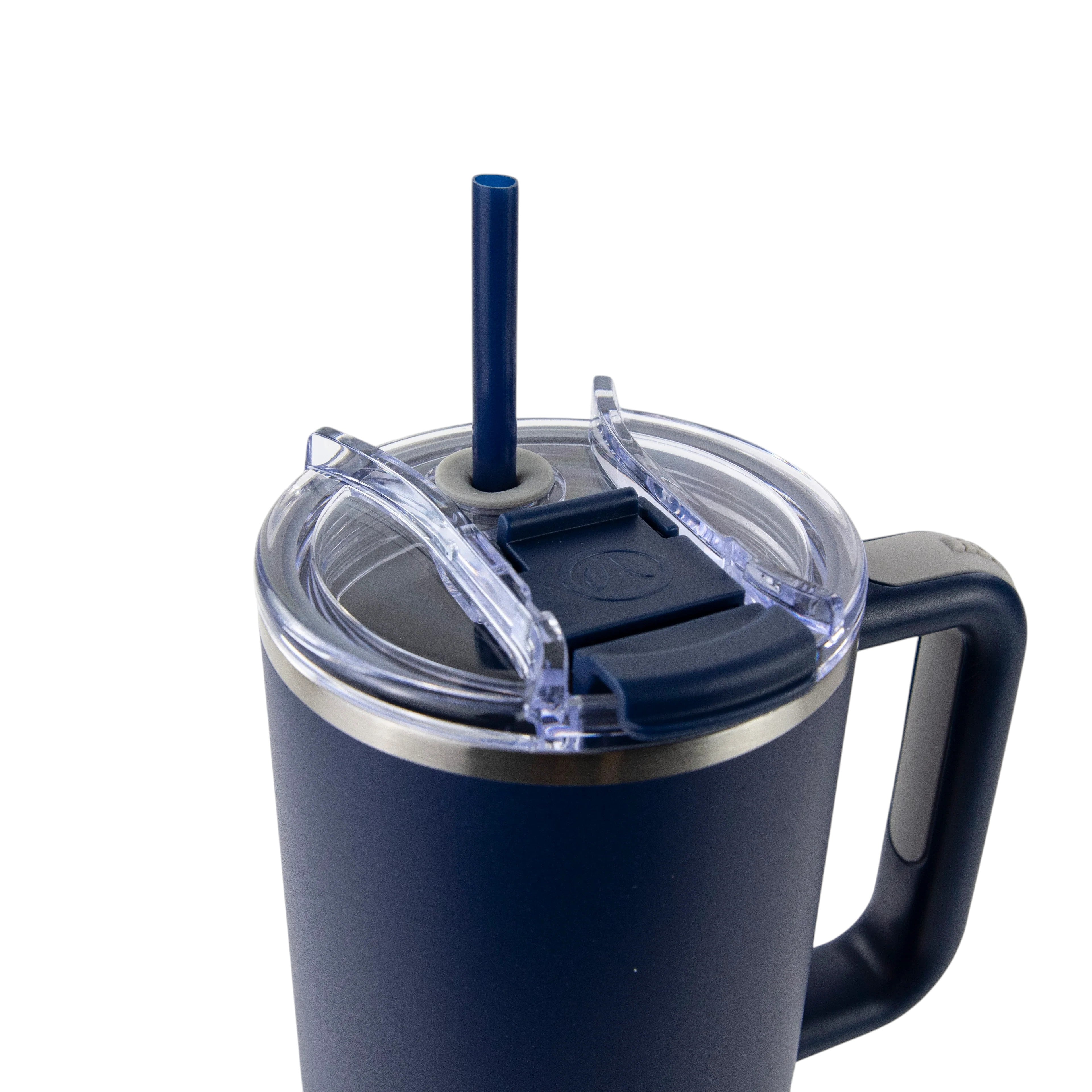 Roco Engraving 40oz navy blue Big Swig tumbler with a clear lid, handle, and matching straw on a white background.