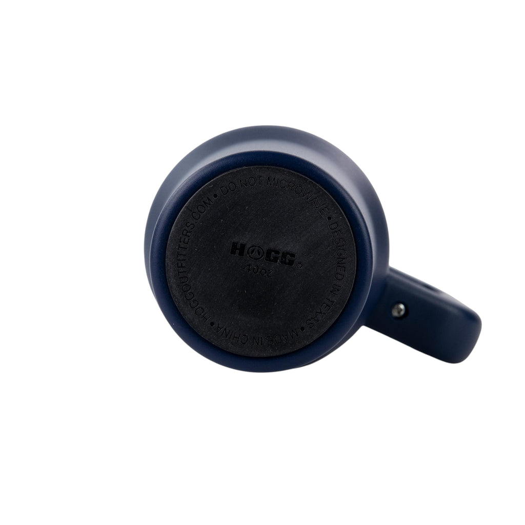 Bottom view of a navy blue 40oz Big Swig Tumbler by Roco Engraving showing the black base and handle
