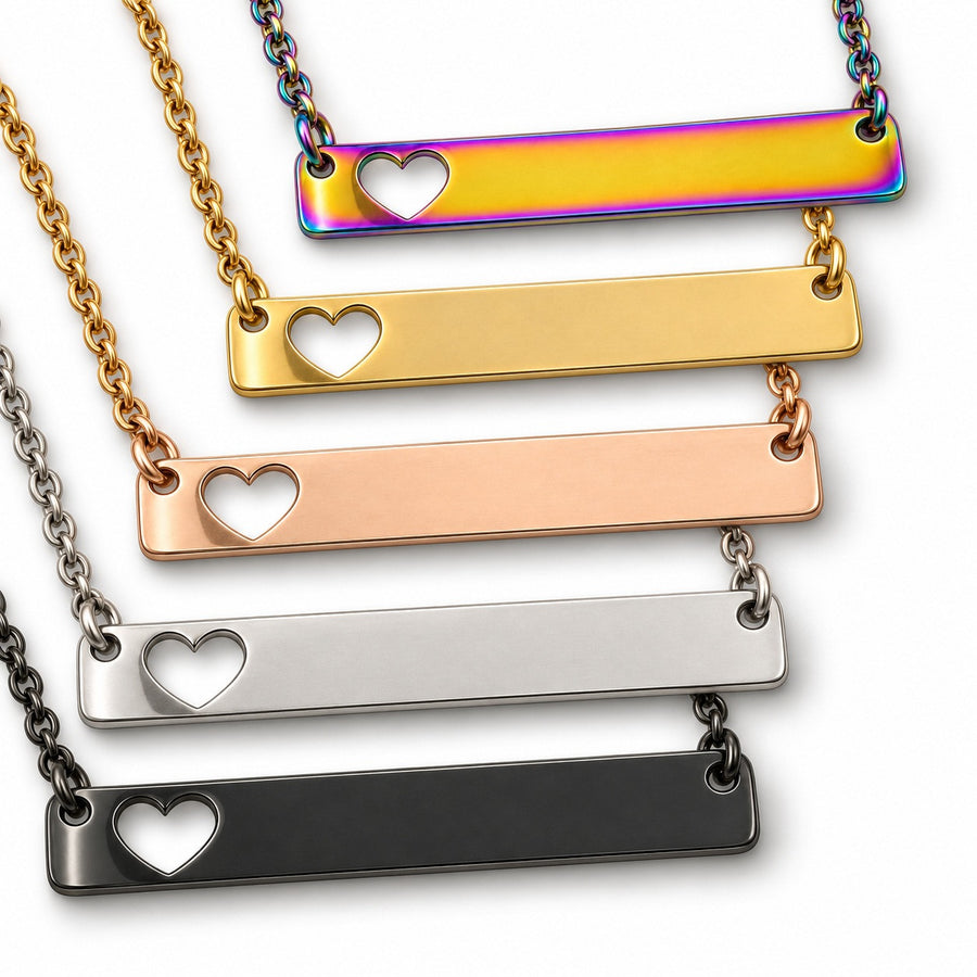 Roco Engraving personalized heart bar necklaces in rainbow, gold, rose gold, silver, and black stainless steel.