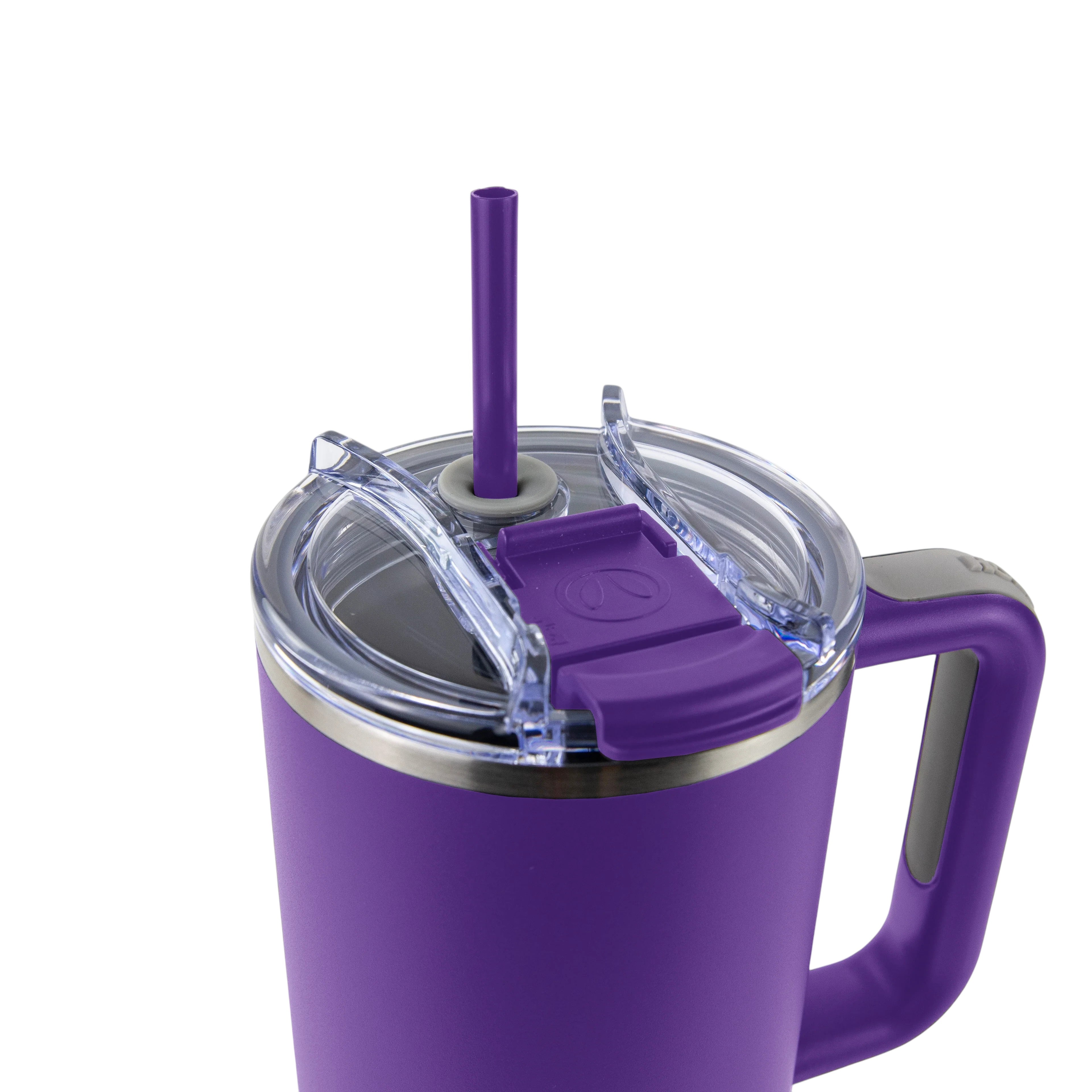 Roco Engraving purple 40oz Big Swig tumbler with a clear lid, matching straw, and ergonomic handle.