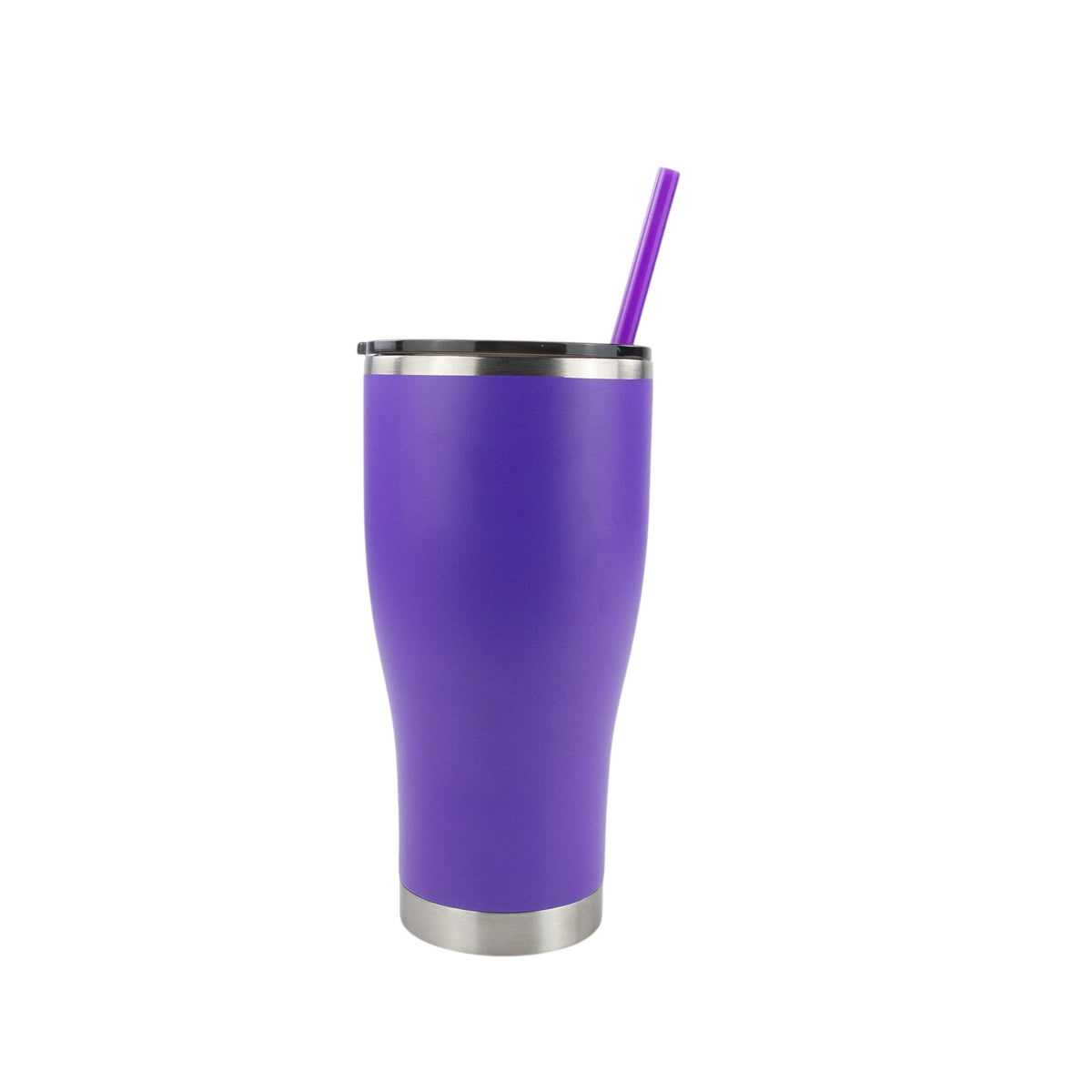 Roco Engraving 30oz purple modern curve tumbler with a matching straw and lid against a white background