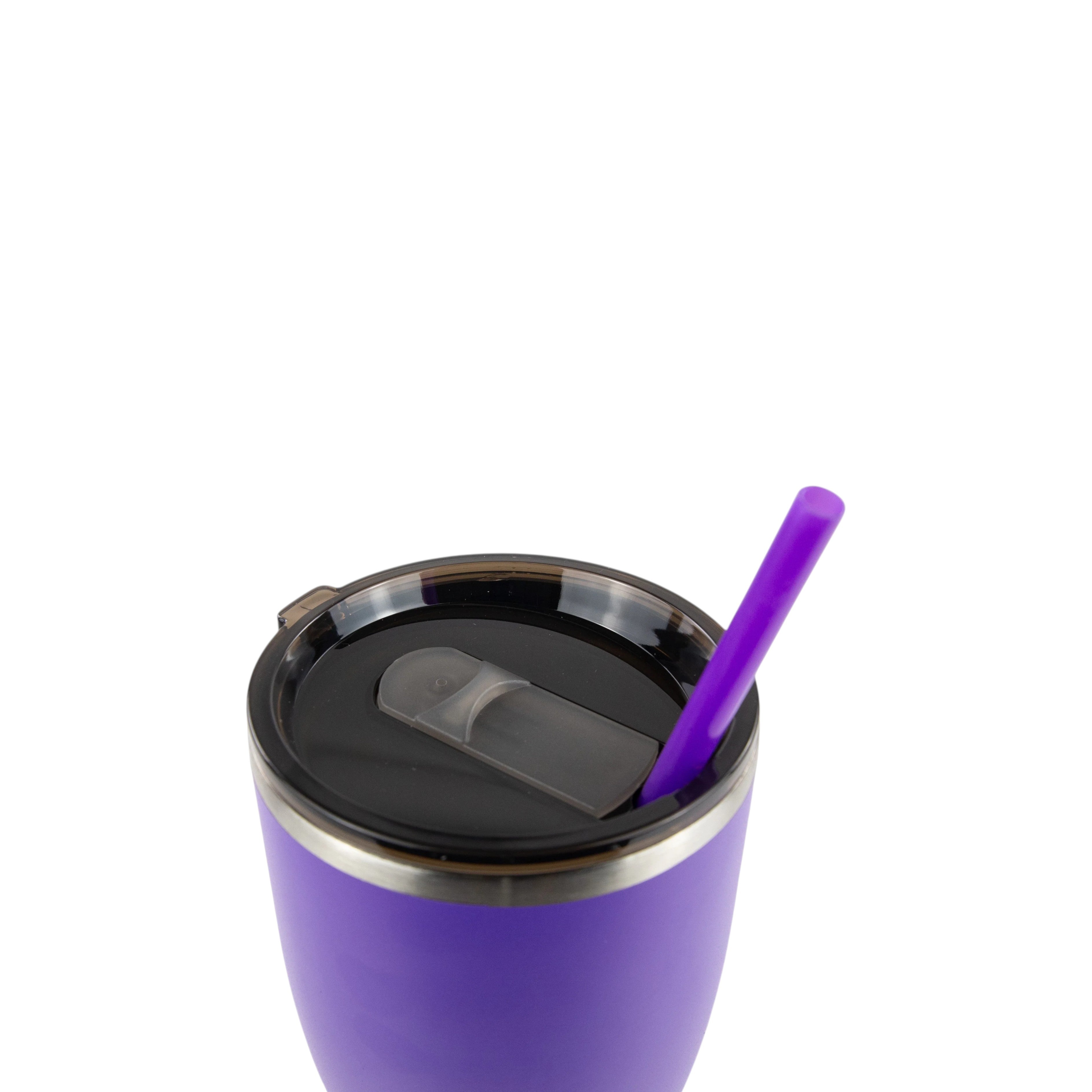 Roco Engraving 30oz purple modern curve tumbler with a black lid and matching purple straw on a white background