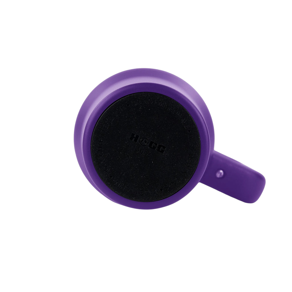 Bottom view of a purple 40oz Big Swig Tumbler by Roco Engraving showing the black base and handle.
