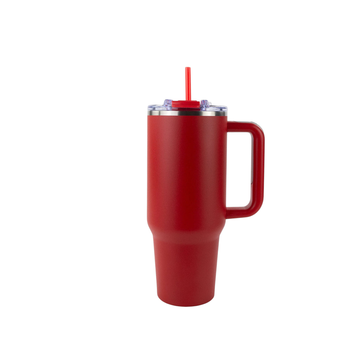 Roco Engraving 40oz Big Swig tumbler in red with a handle, clear lid, and matching red straw on a white background.
