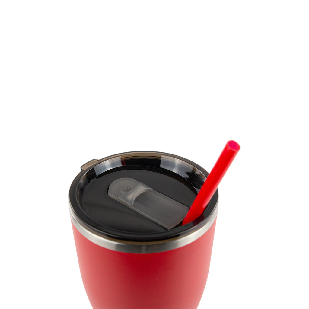 Roco Engraving 30oz red modern curve tumbler with a black lid and red straw, isolated on a white background.