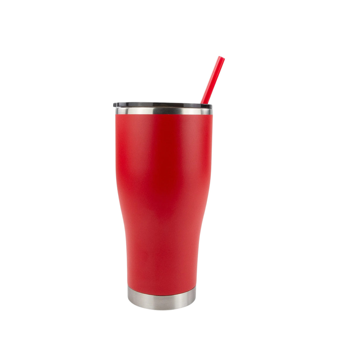 Roco Engraving 30oz red modern curve tumbler with a black lid and matching red straw against a white background