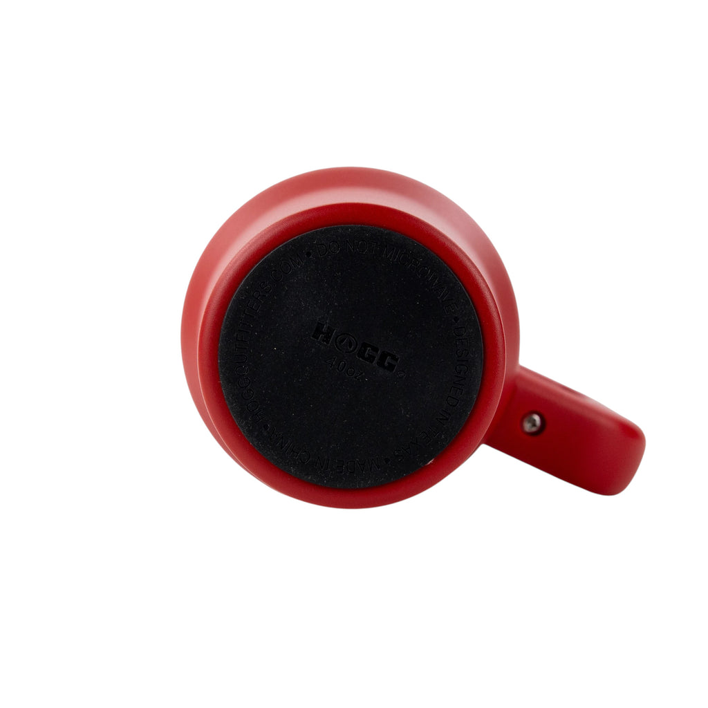 Bottom view of a red 40oz Big Swig Tumbler by Roco Engraving showing the black non-slip base and handle attachment.