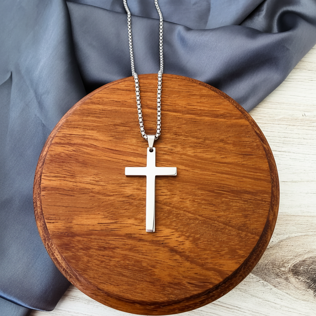 Roco Engraving silver stainless steel cross pendant necklace on a wooden display stand with grey silk fabric