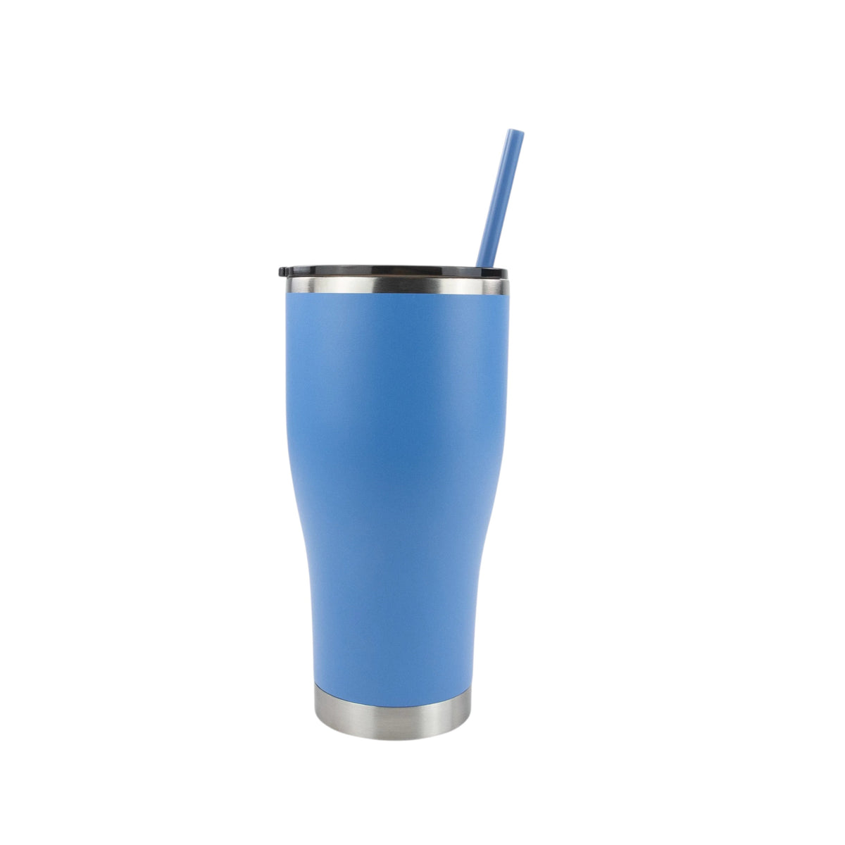 Roco Engraving 30oz steel blue modern curve tumbler with a matching straw and lid against a white background