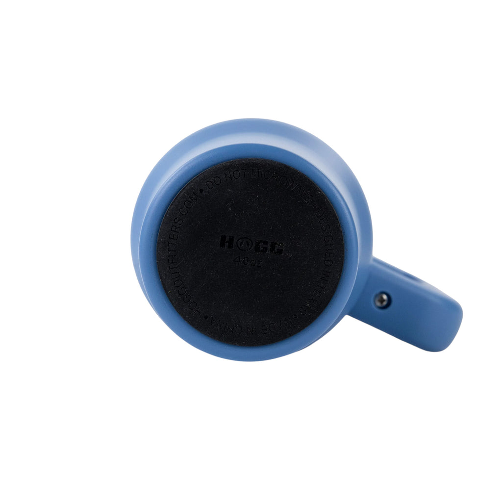 Bottom view of a steel blue 40oz Big Swig Tumbler by Roco Engraving showing the black non-slip base