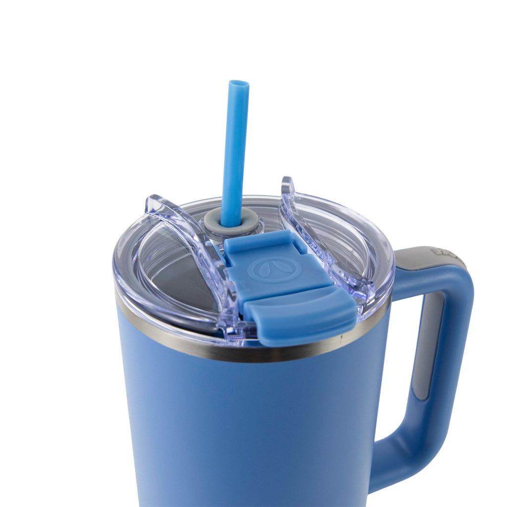 Roco Engraving 40oz Big Swig steel blue tumbler with clear lid, straw, and ergonomic handle on white background