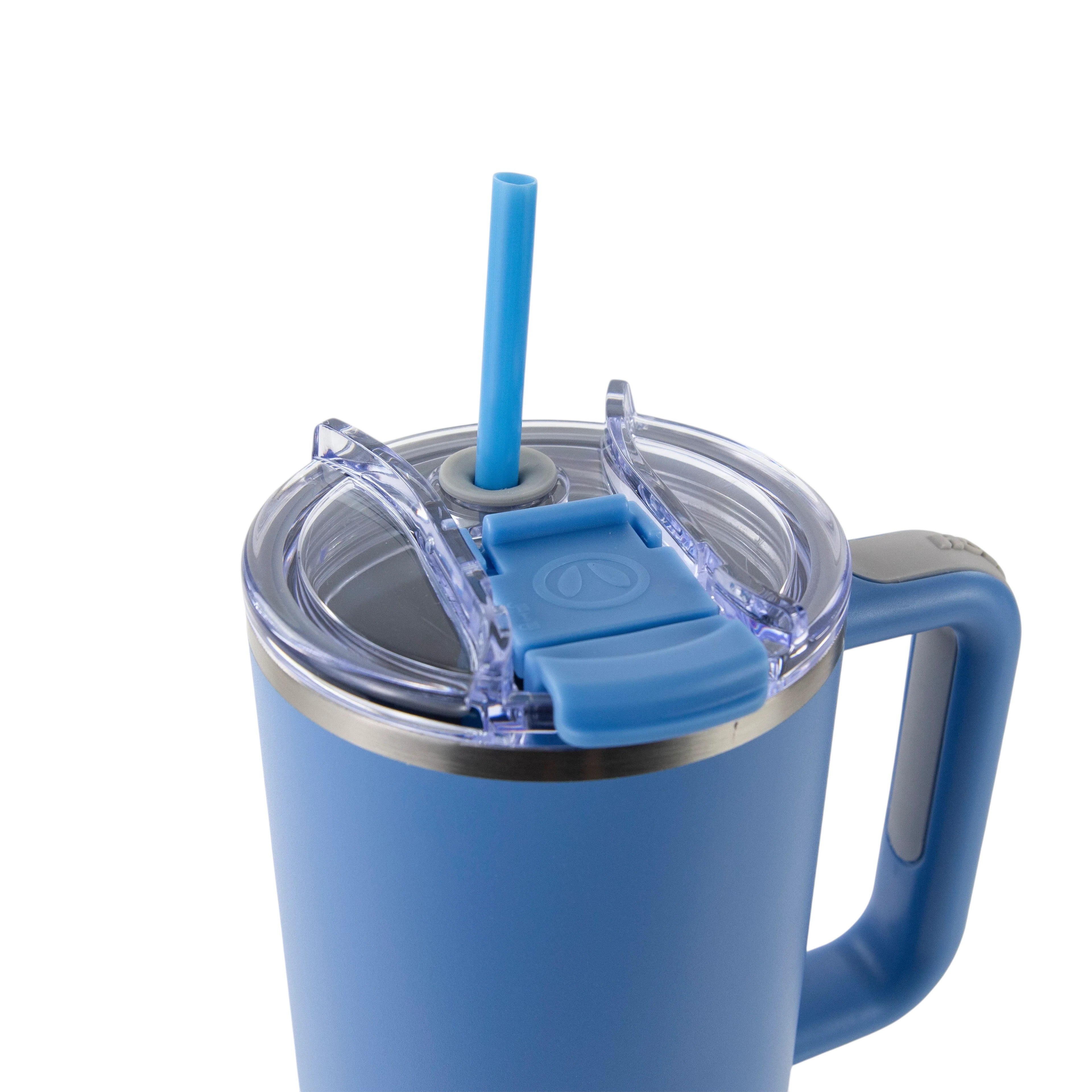 Roco Engraving 40oz Big Swig steel blue tumbler with clear lid, straw, and ergonomic handle on white background
