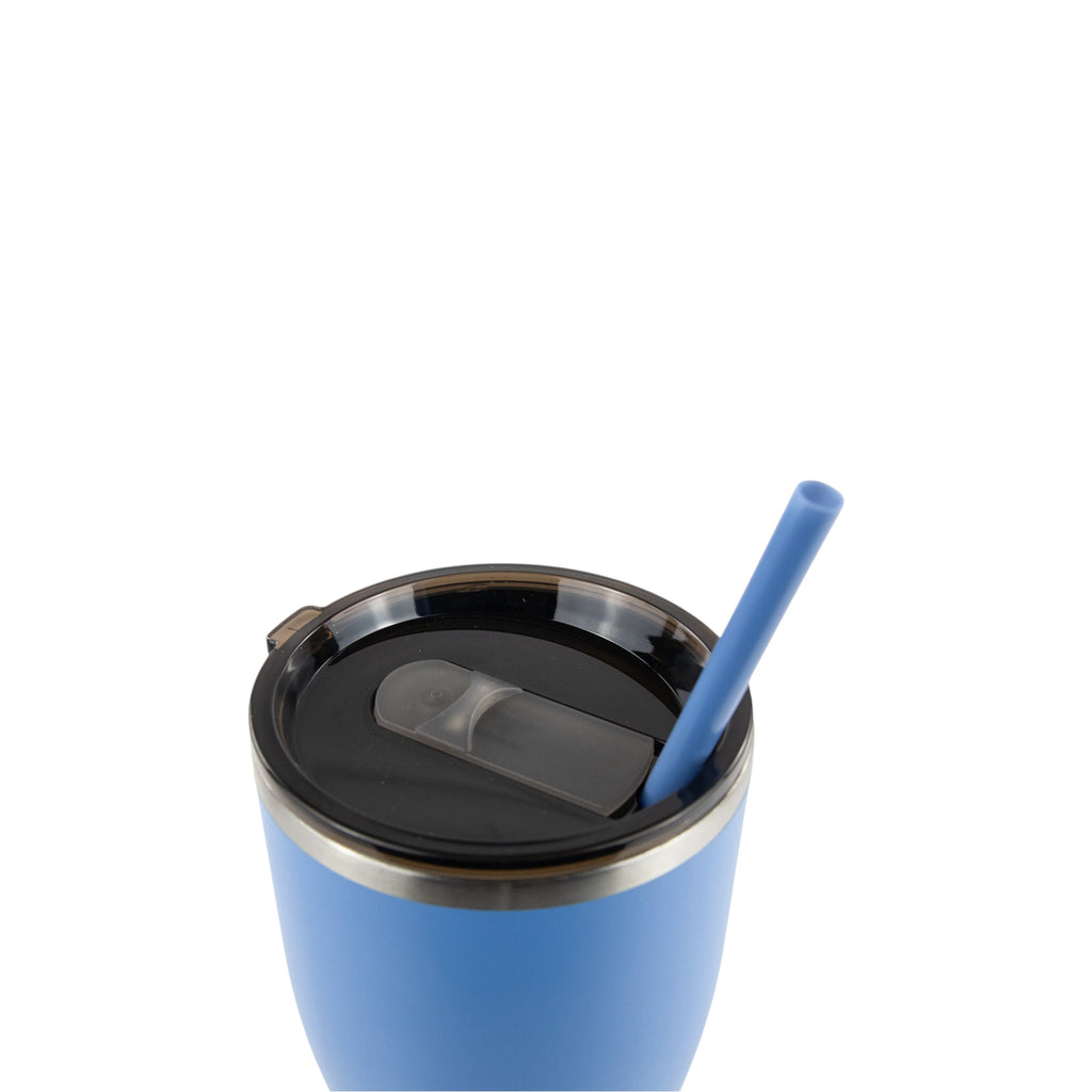 Roco Engraving 30oz steel blue modern curve tumbler with a black lid and matching blue straw on a white background