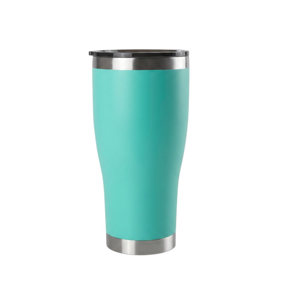 Roco Engraving 30oz modern curve tumbler in teal with a stainless steel base and black lid on a white background.