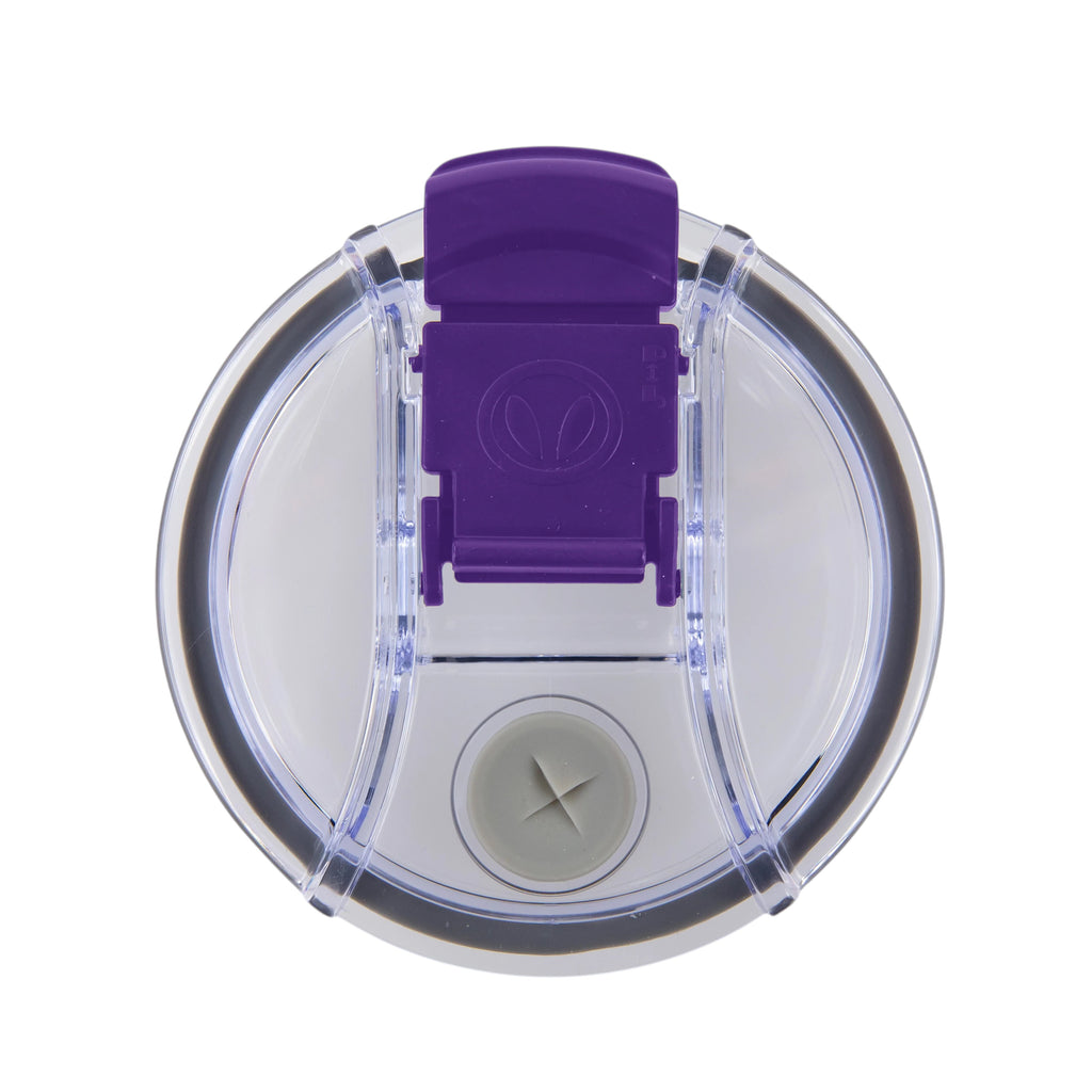 Top view of a Roco Engraving 40oz Big Swig Tumbler lid with a purple flip-top closure and clear plastic design.