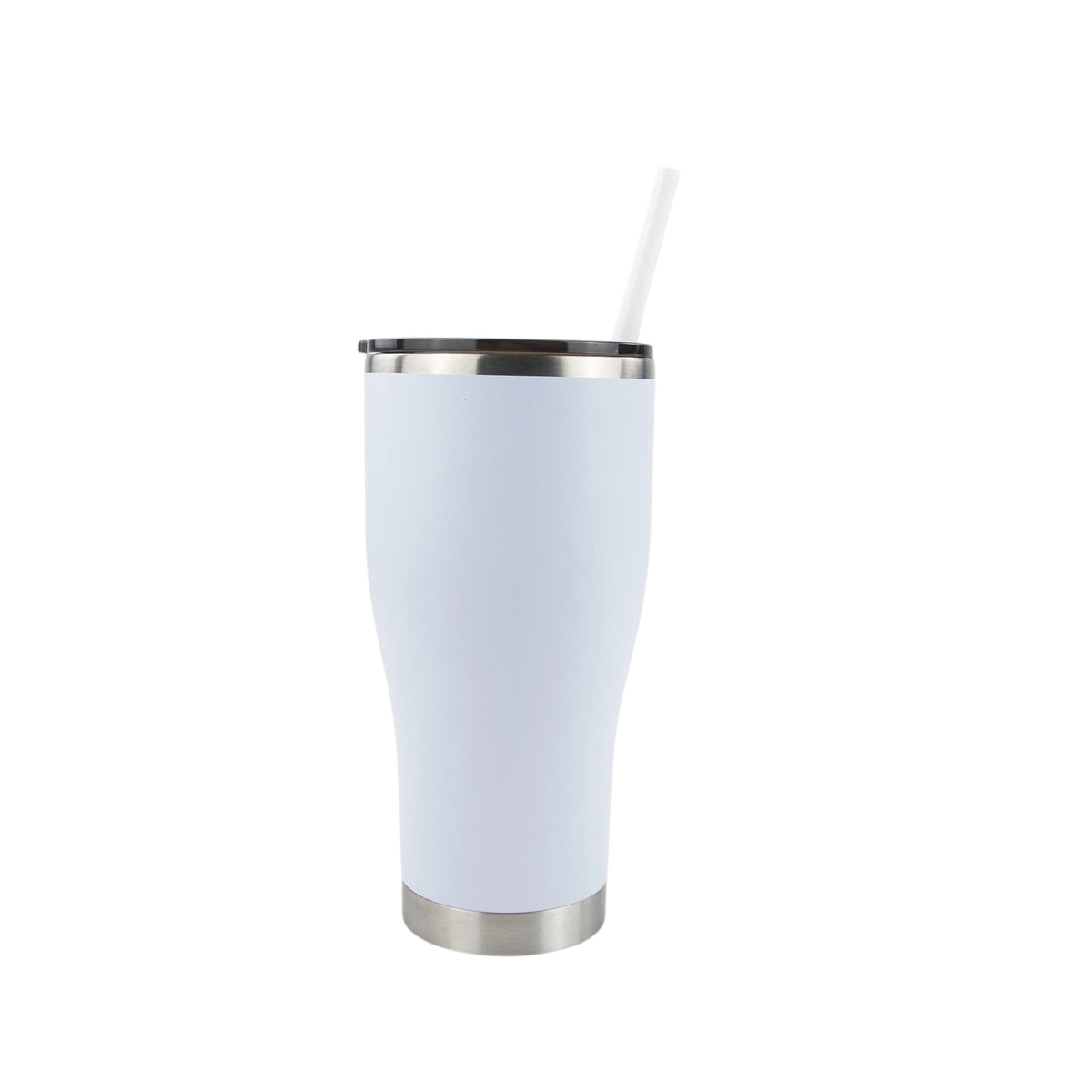 Roco Engraving 30oz white modern curve tumbler with a black lid and white straw on a white background.