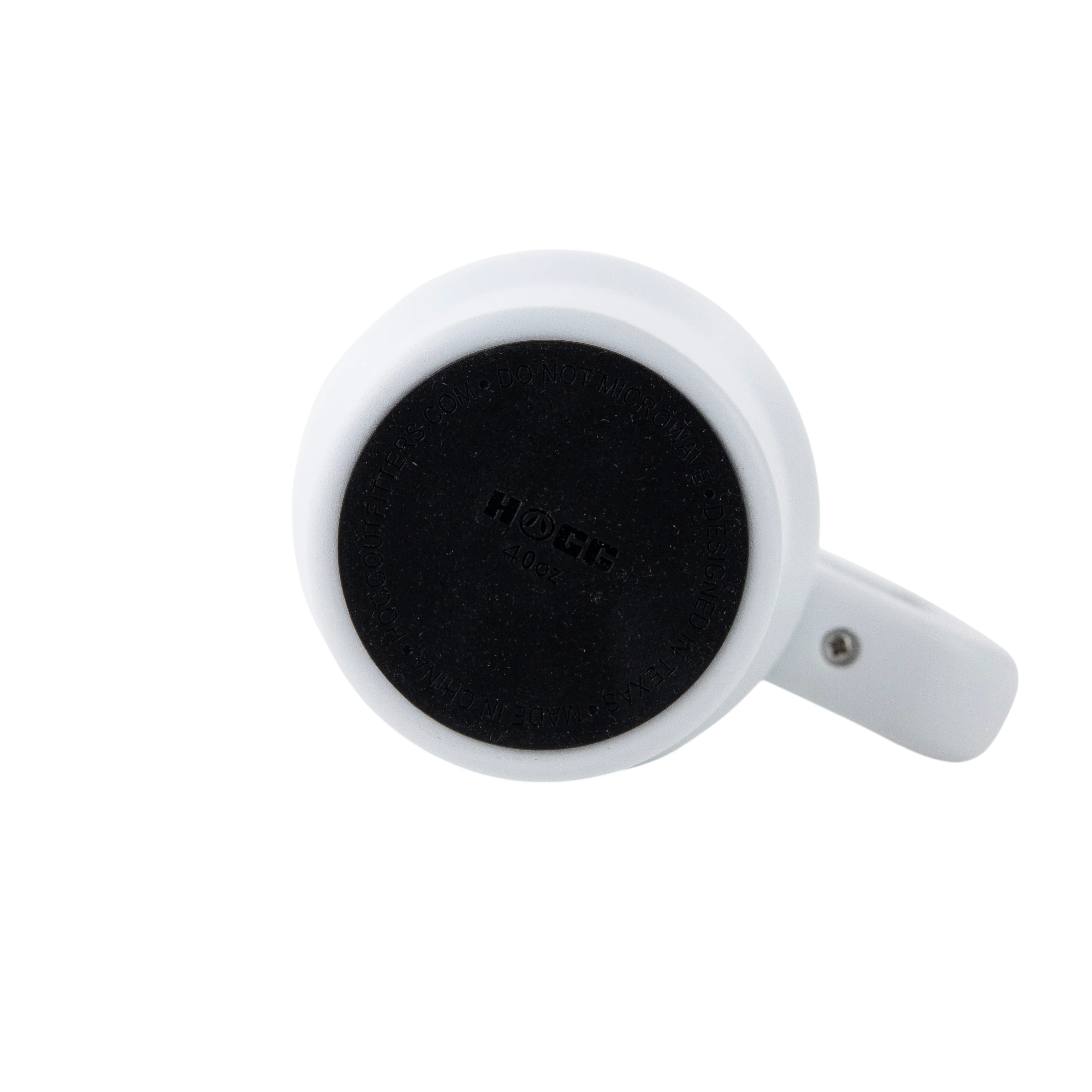 Bottom view of a white Roco Engraving 40oz Big Swig Tumbler showing the black non-slip base and handle attachment