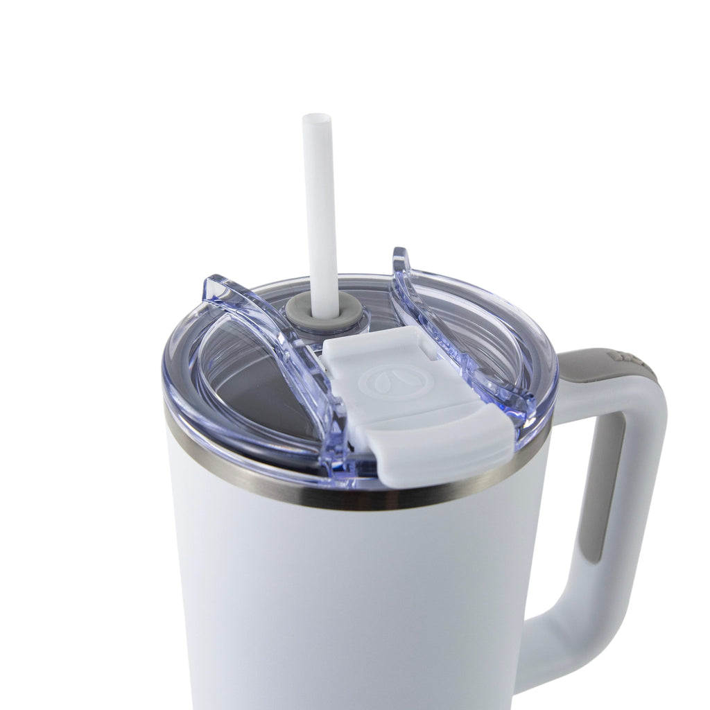 Roco Engraving white 40oz Big Swig tumbler with a clear lid, white straw, and ergonomic handle on a white background.