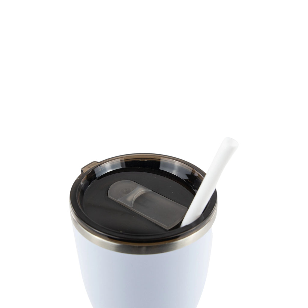 Roco Engraving white 30oz modern curve tumbler with a black lid and white straw, top view