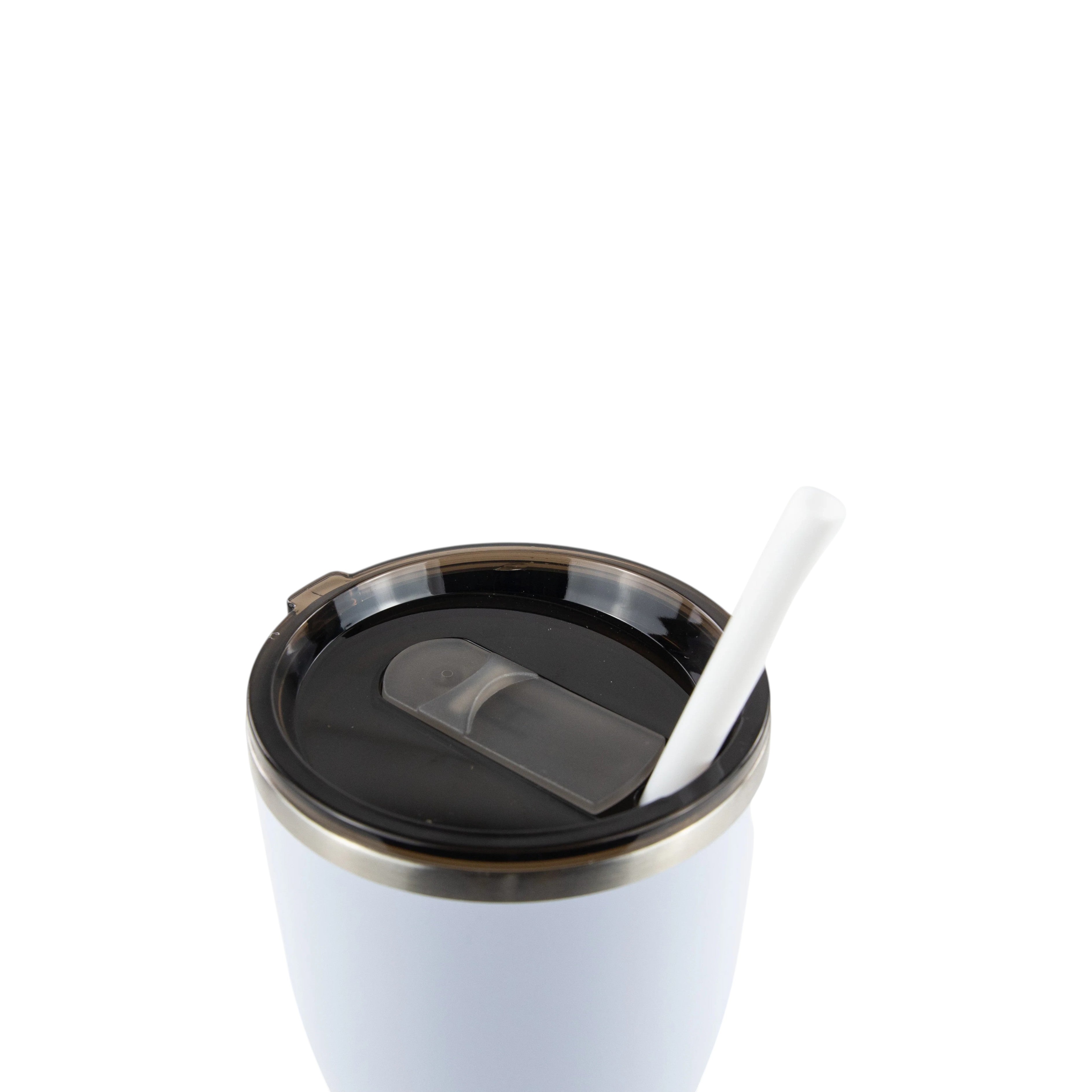 Roco Engraving white 30oz modern curve tumbler with a black lid and white straw, top view