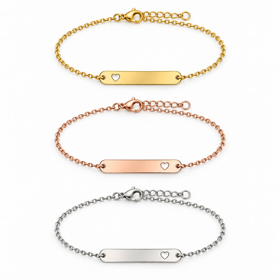 Heart-Cutout Bracelet in gold, rose gold, silver, each shown as a complete oval bracelet loop with visible clasp hardware on a white background. Each purchase includes one bracelet in the selected finish, not the full set.